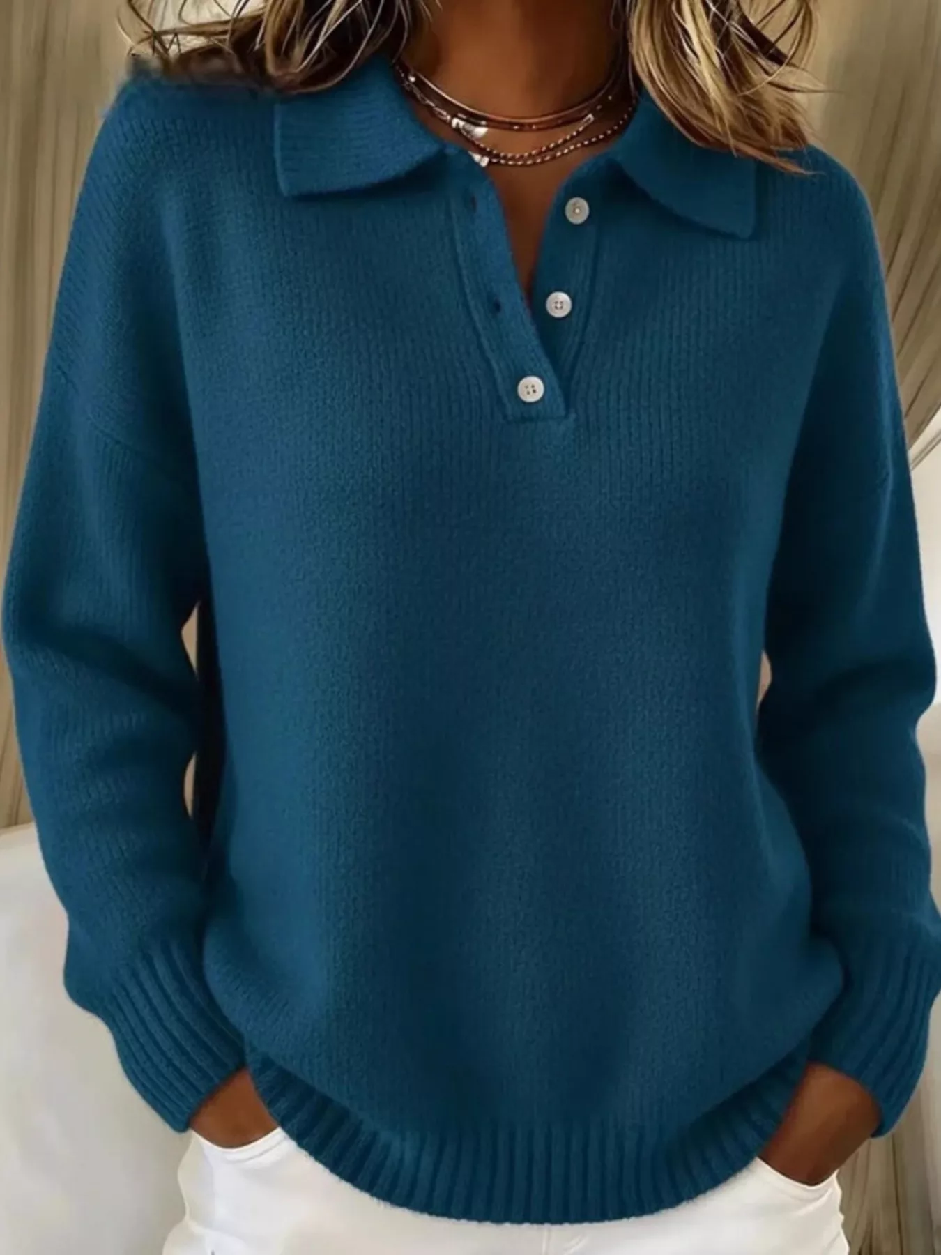 Full Size Button Detail Drop Shoulder Sweater Plus Size - Image 19