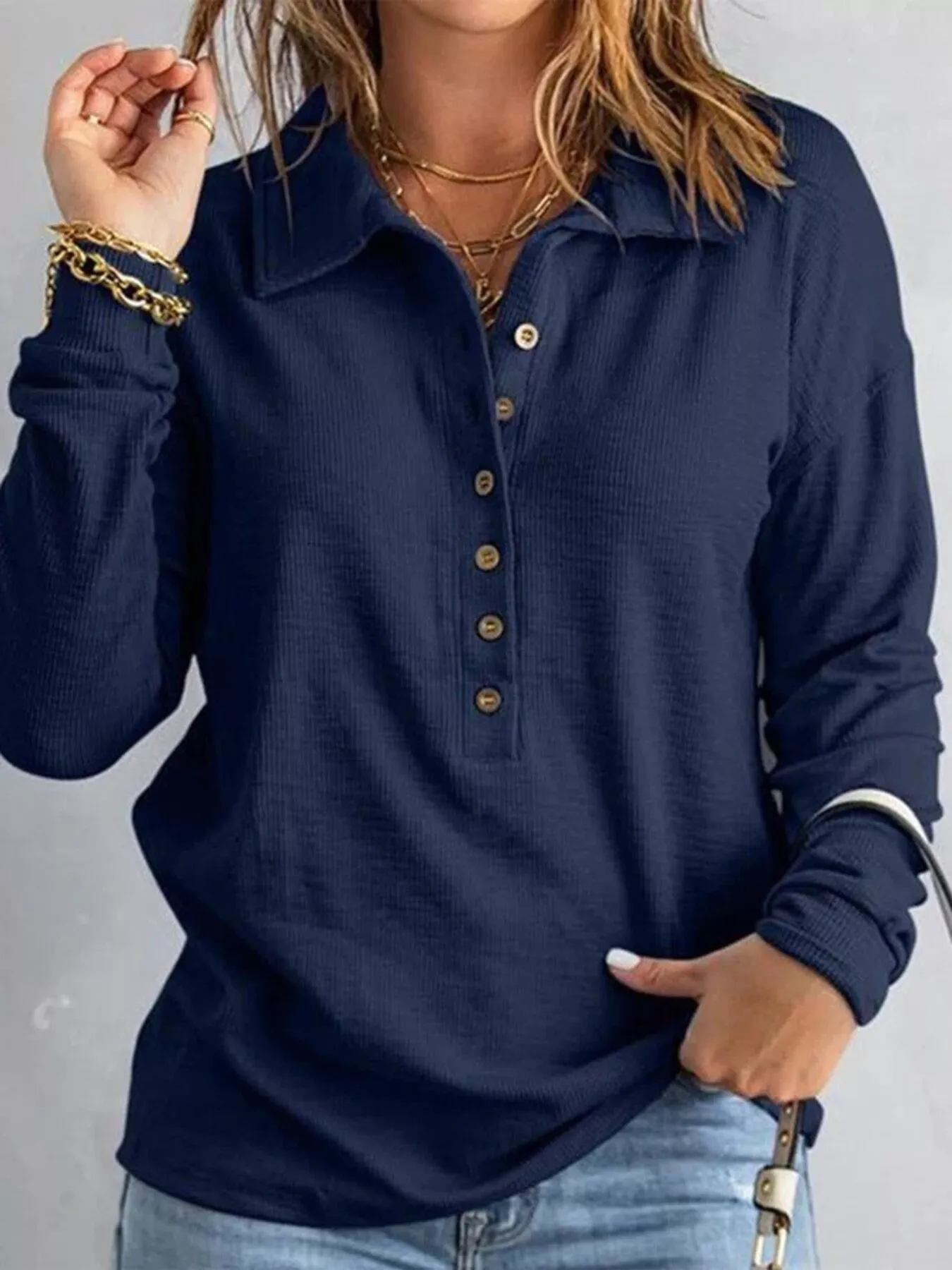 Full Size Button Detail Long Sleeve Top Plus Size - Image 13