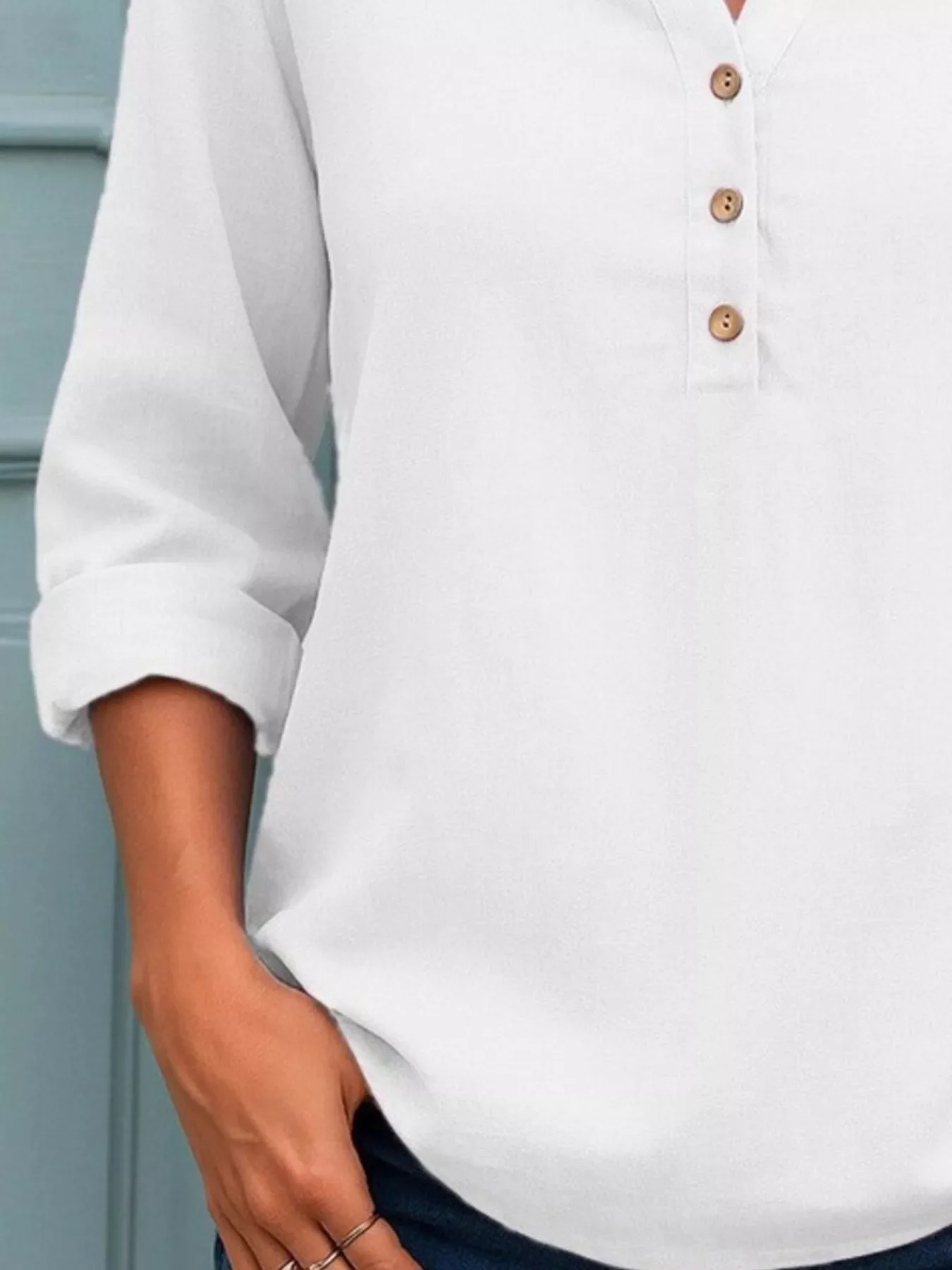 Full Size Button Detail Notched Long Sleeve Blouse Plus Size - Image 12