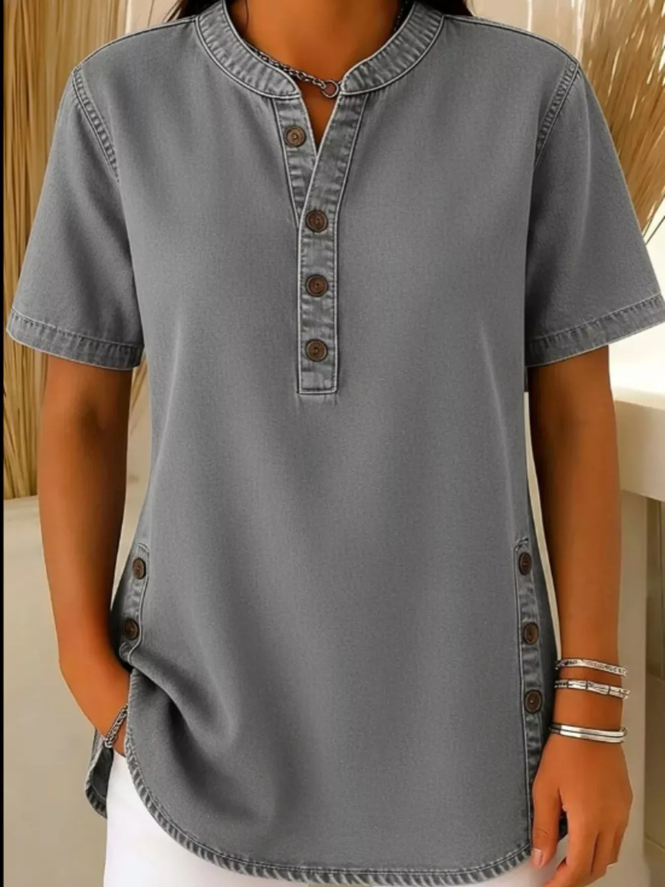 Full Size Button Detail Short Sleeve Blouse Plus Size - Image 5
