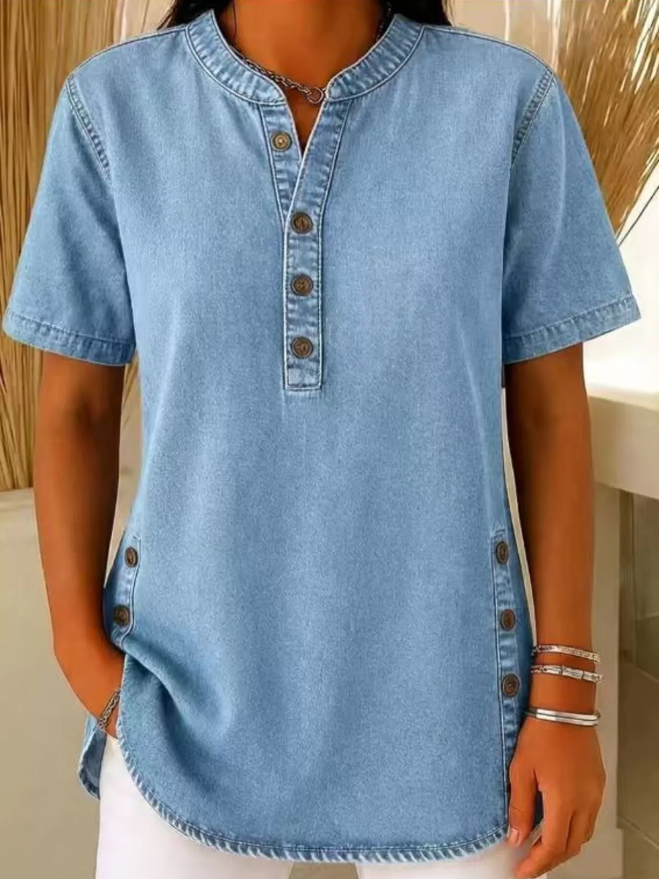 Full Size Button Detail Short Sleeve Blouse Plus Size - Image 7