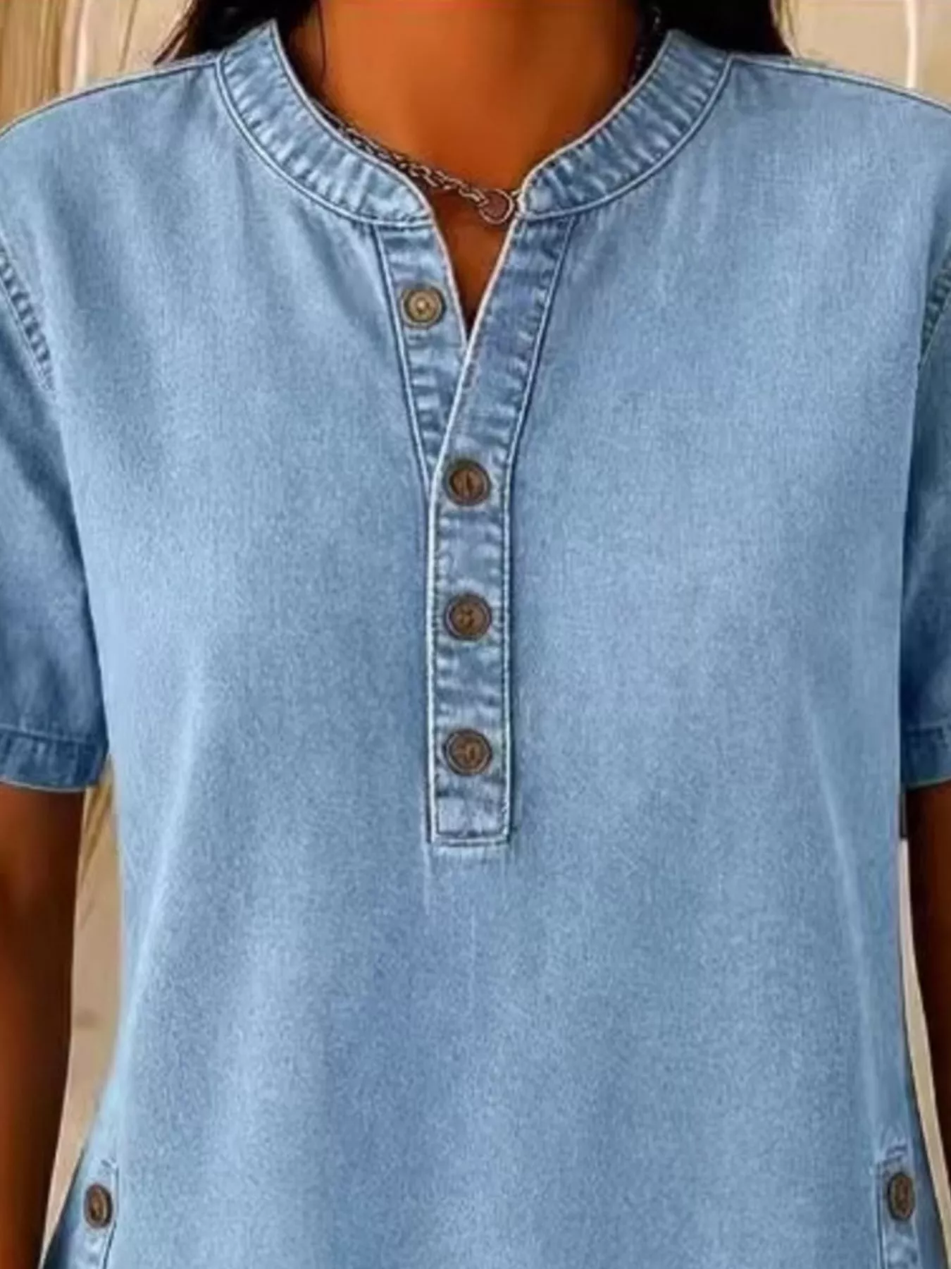 Full Size Button Detail Short Sleeve Blouse Plus Size - Image 8