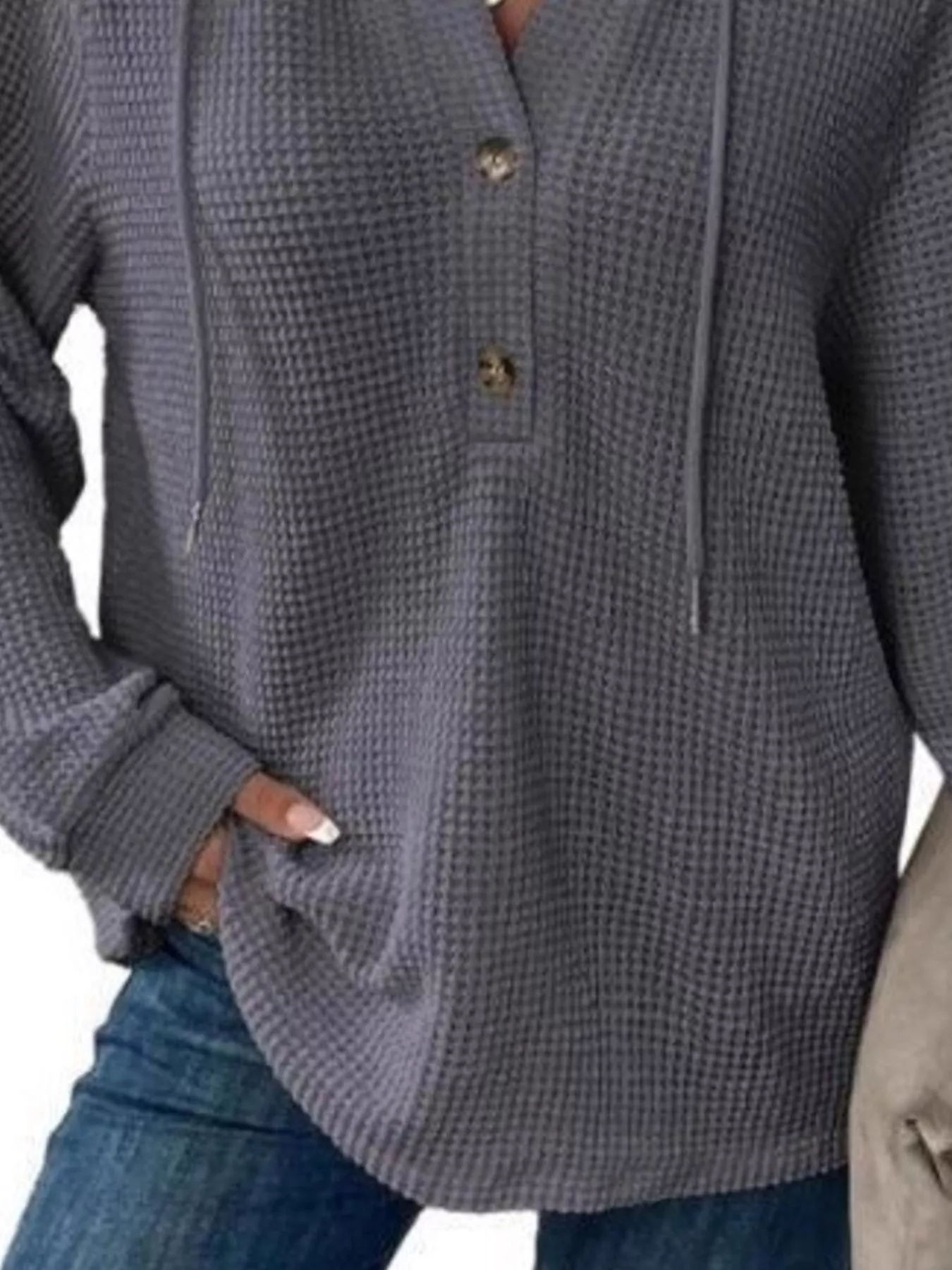 Full Size Button Detail Waffle Knit Hoodie Plus Size - Image 15