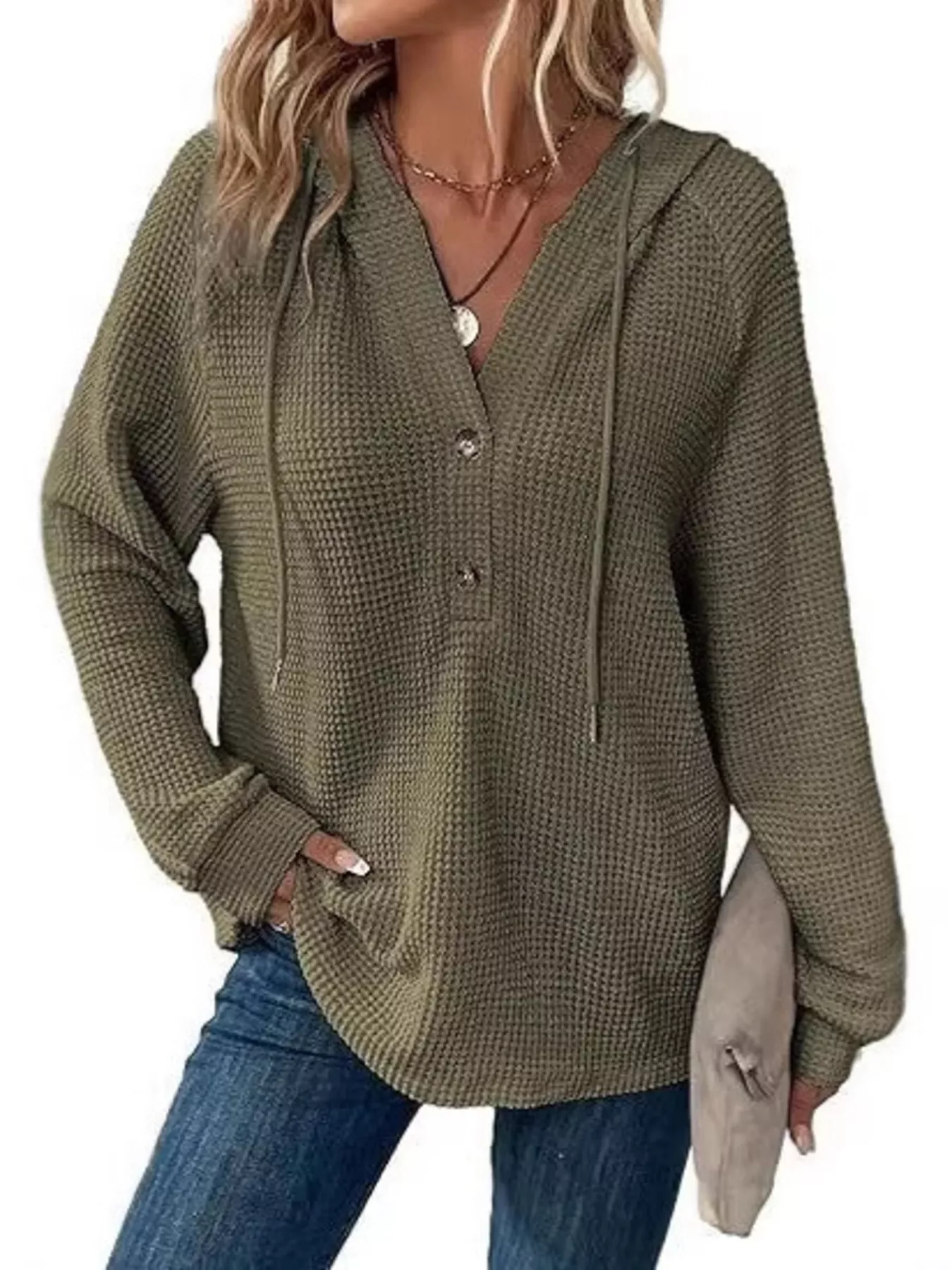 Full Size Button Detail Waffle Knit Hoodie Plus Size - Image 19