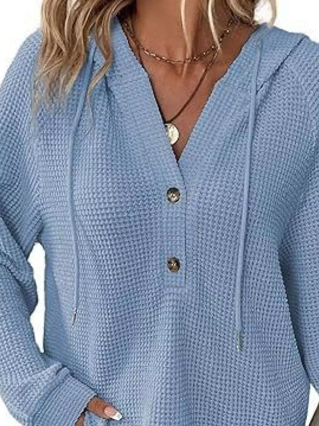 Full Size Button Detail Waffle Knit Hoodie Plus Size - Image 26