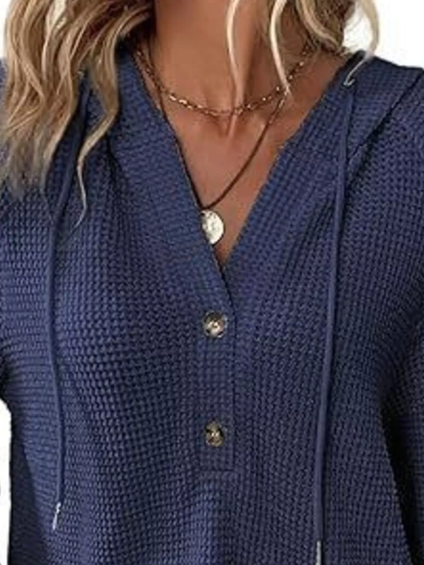 Full Size Button Detail Waffle Knit Hoodie Plus Size - Image 29