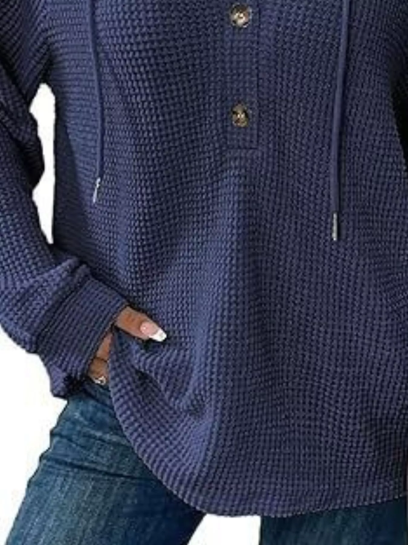 Full Size Button Detail Waffle Knit Hoodie Plus Size - Image 30