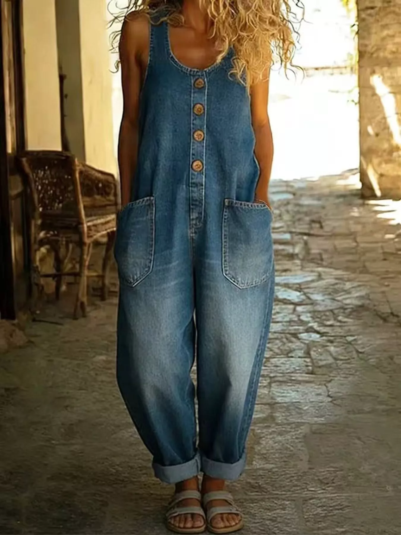 Full Size Button Detail Wide Strap Jumpsuit Plus Size - Image 11