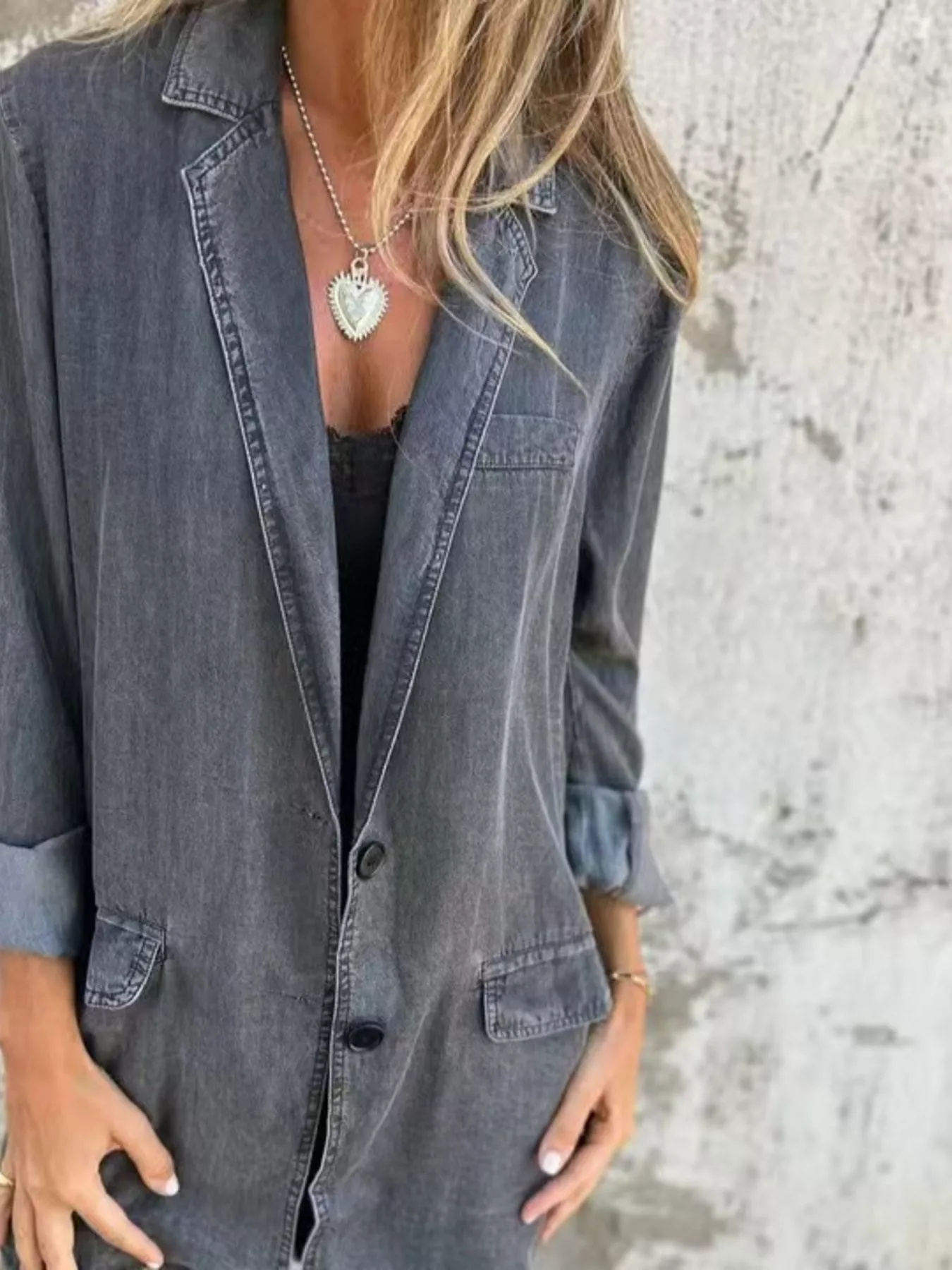Full Size Button Down Denim Blazer Plus Size - Image 10