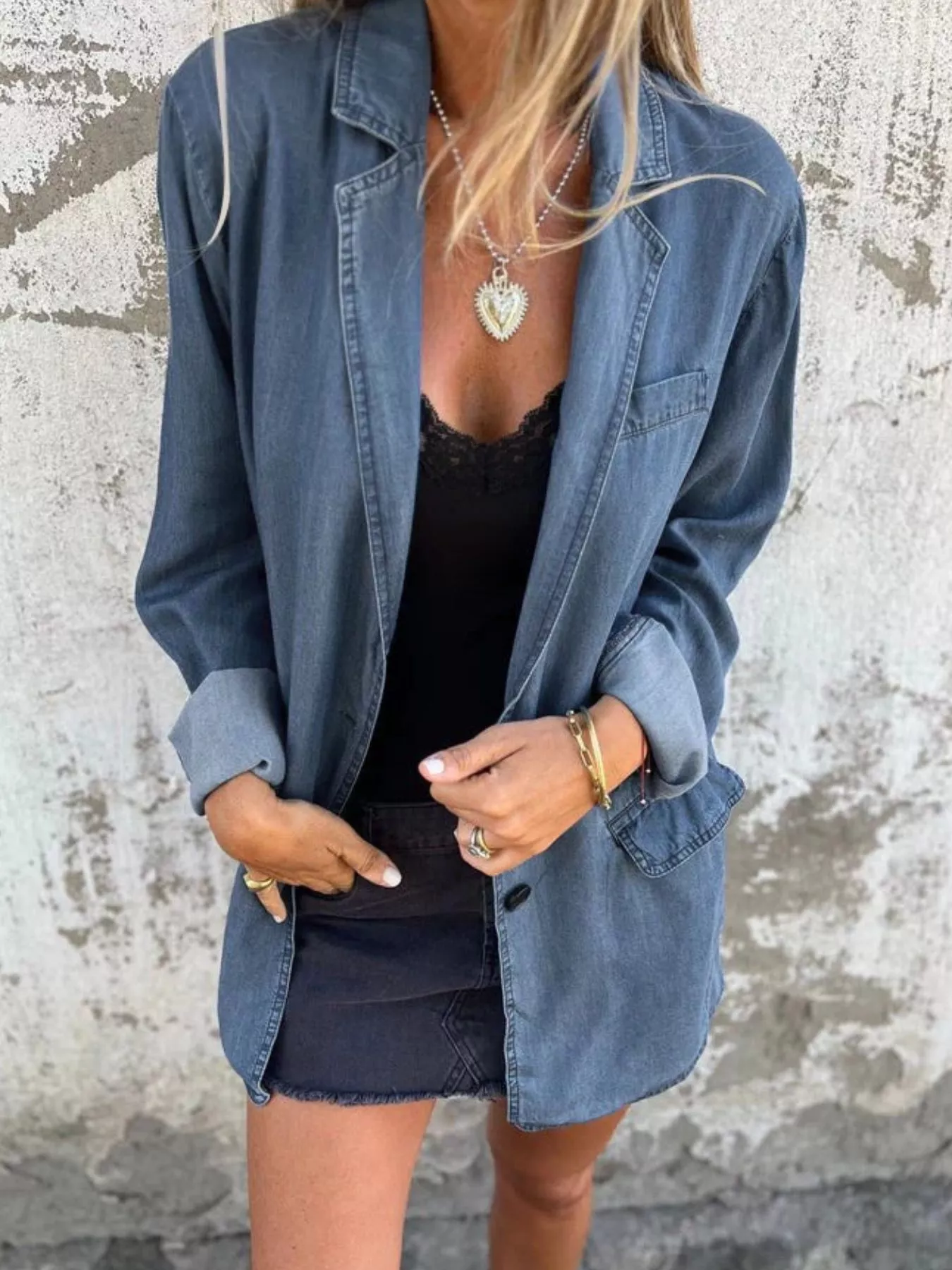 Full Size Button Down Denim Blazer Plus Size - Image 12