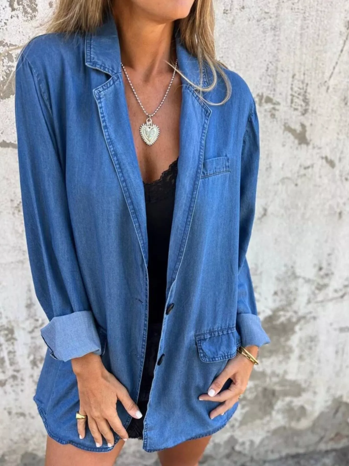 Full Size Button Down Denim Blazer Plus Size - Image 2