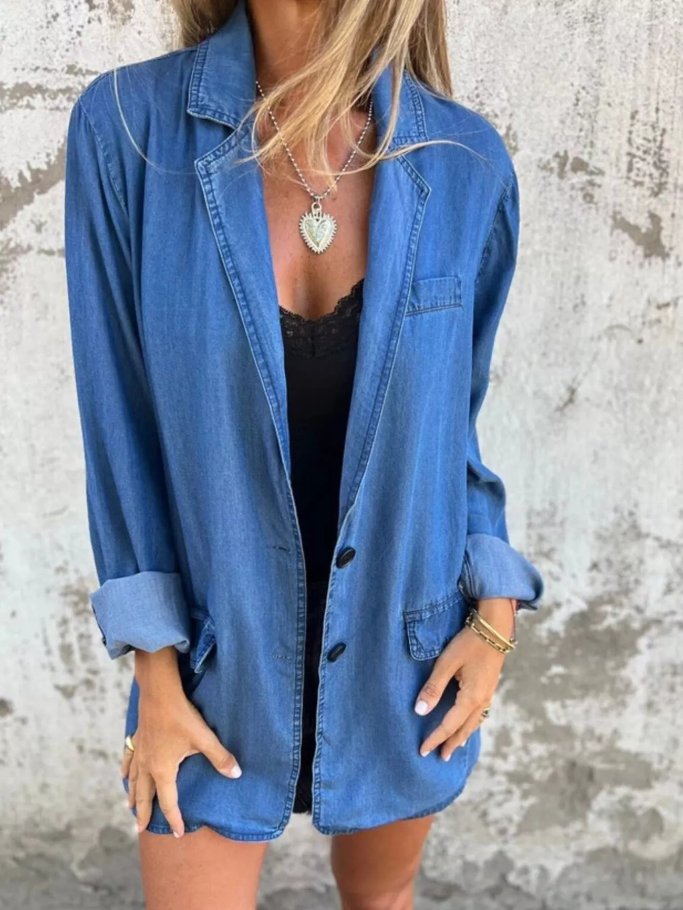 Full Size Button Down Denim Blazer Plus Size - Image 3