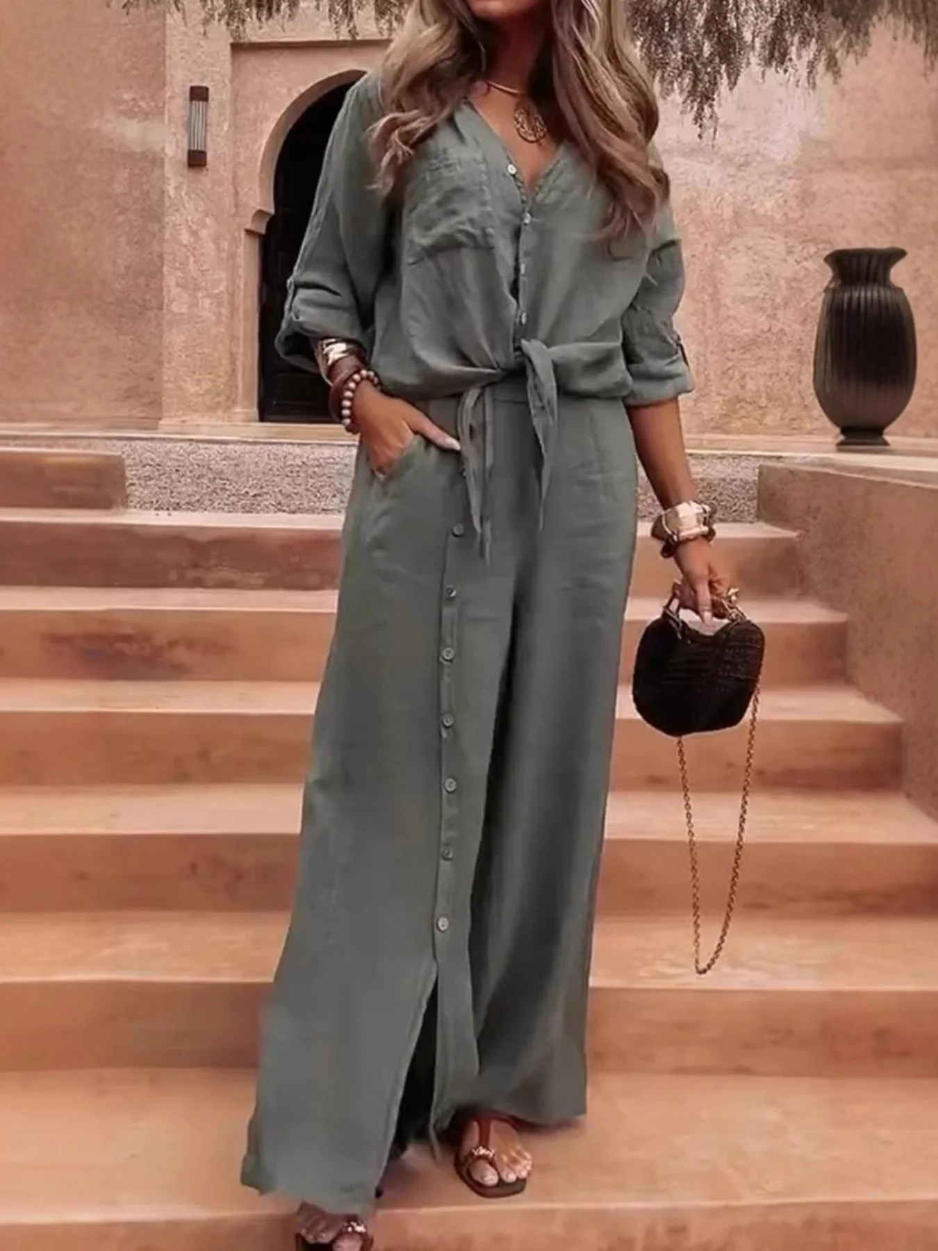 Full Size Button-Down Shirt and Wide-Leg Pants Set Plus Size - Image 10