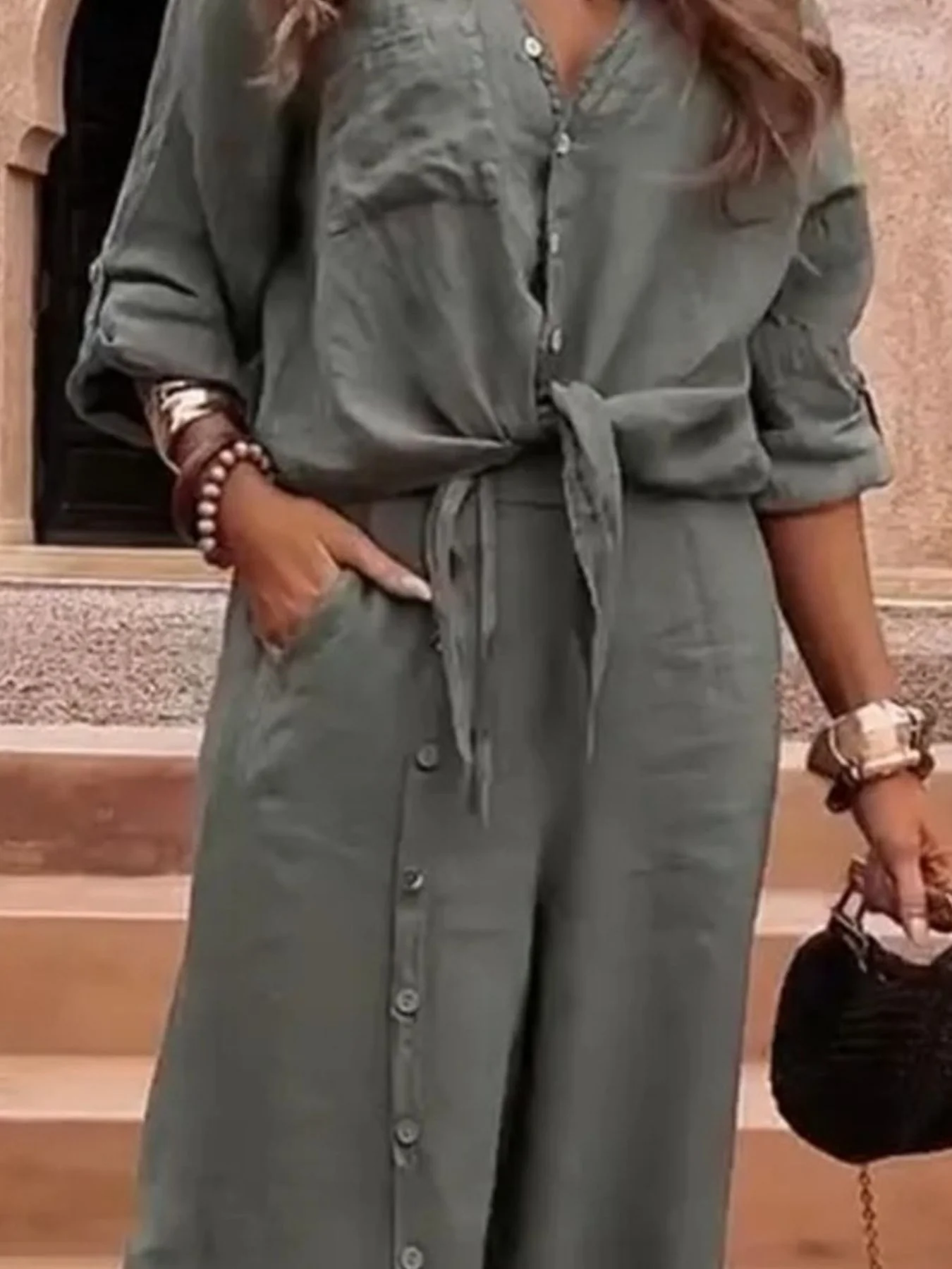 Full Size Button-Down Shirt and Wide-Leg Pants Set Plus Size - Image 11