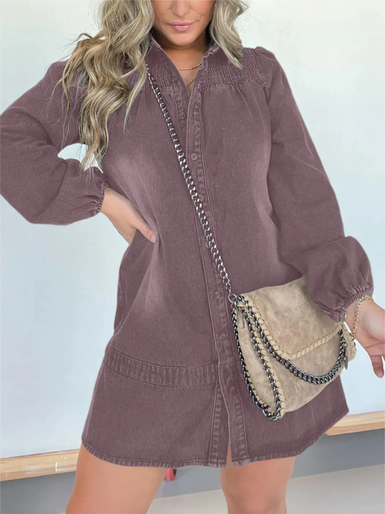 Full Size Button Front Long Sleeve Denim Dress Plus Size - Image 7