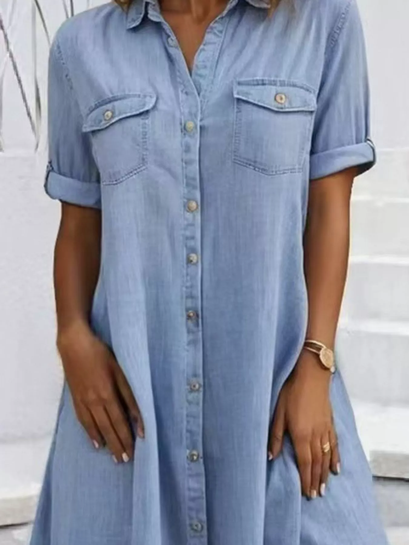 Full Size Button-Front Short Sleeve Denim Dress Plus Size - Image 2