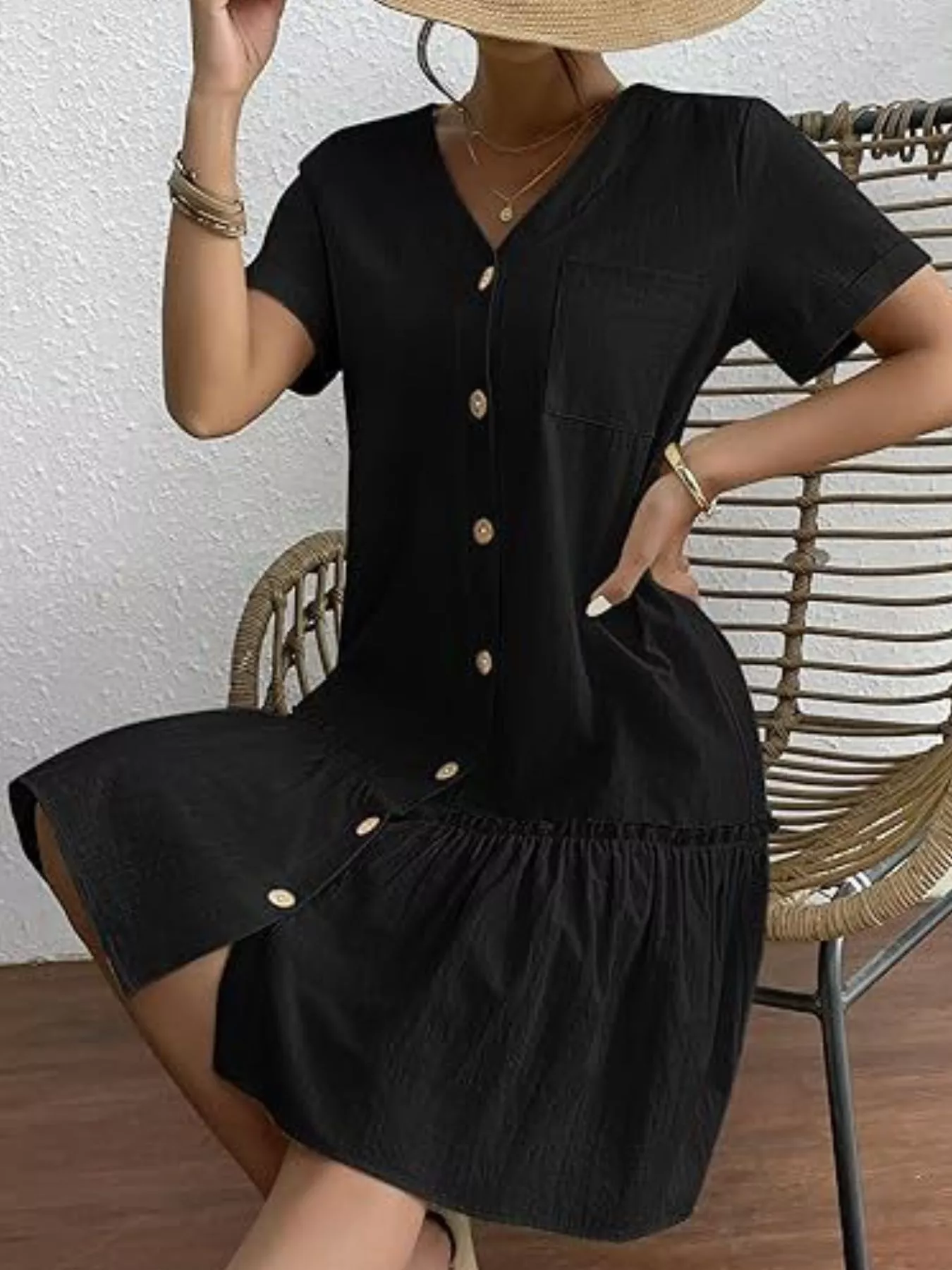 Full Size Button-Front Short Sleeve Tiered Dress Plus Size - Image 11
