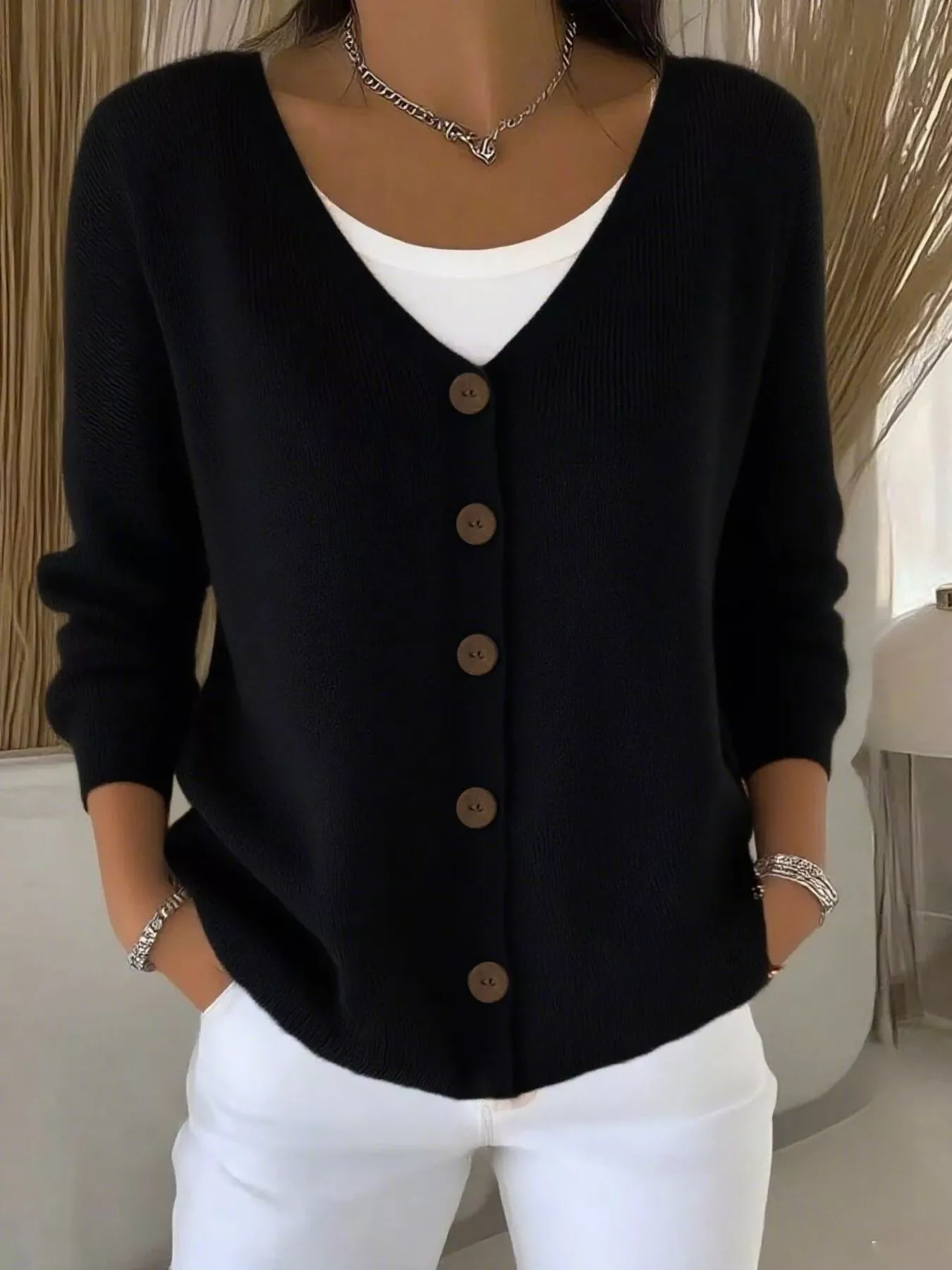 Full Size Button-Front V-Neck Cardigan Plus Size - Image 7