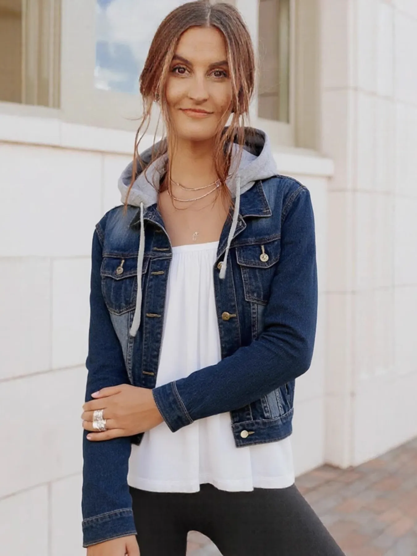 Full Size Button Up Drawstring Hooded Denim Jacket Plus Size - Image 3