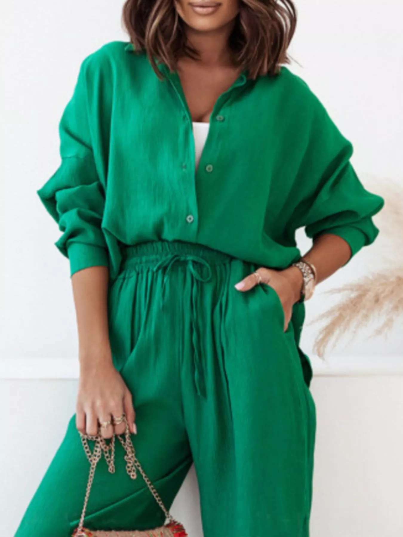 Full Size Button Up Shirt and Pants Set Plus Size - Image 21