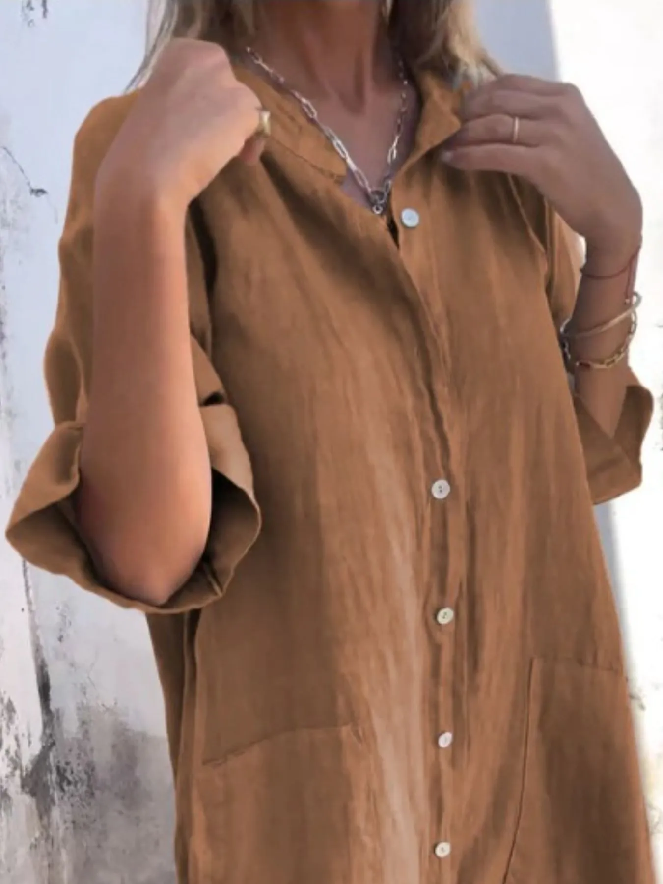 Full Size Casual Linen Button-Down Shirt Dress Plus Size - Image 15