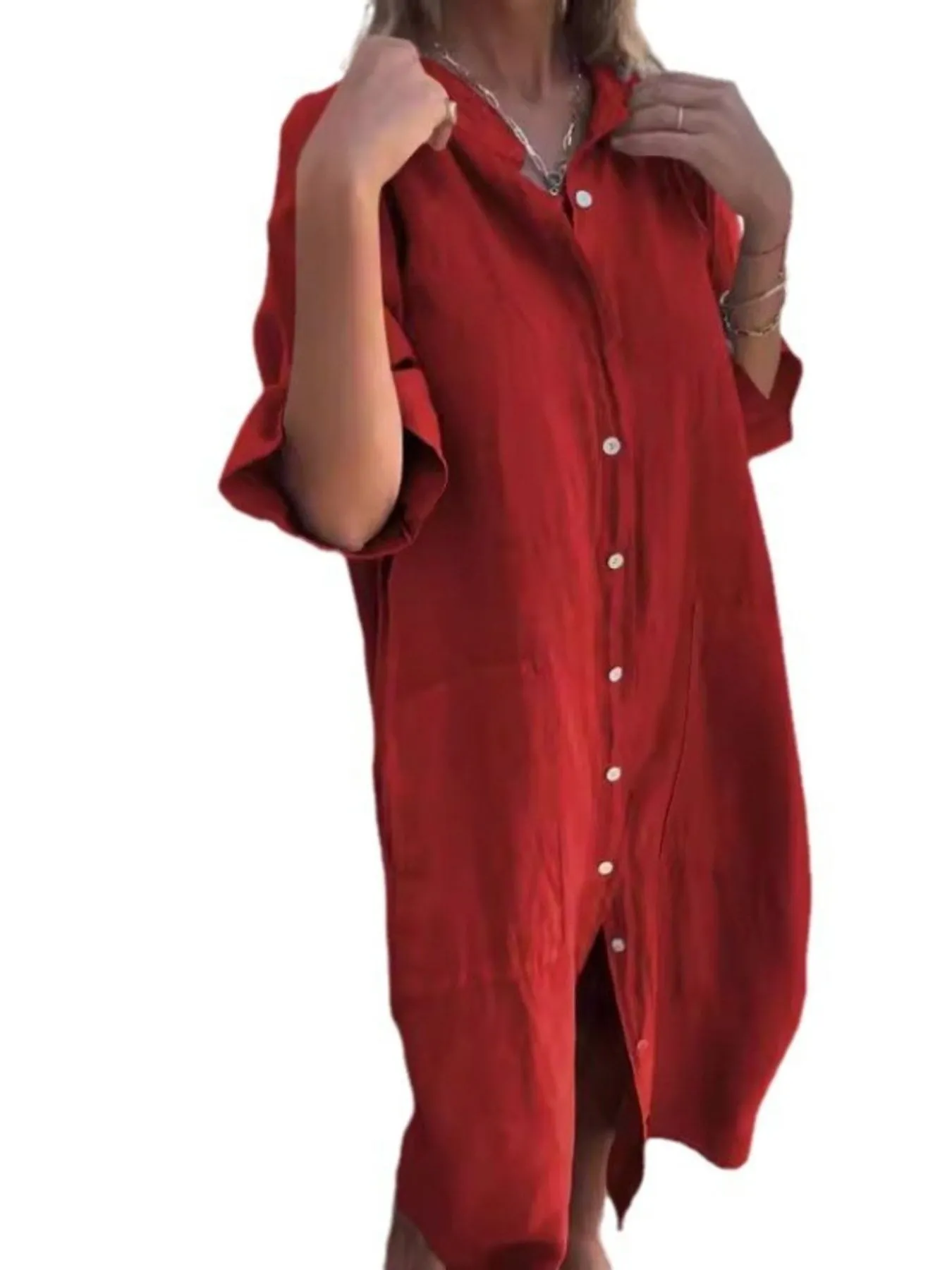 Full Size Casual Linen Button-Down Shirt Dress Plus Size - Image 22