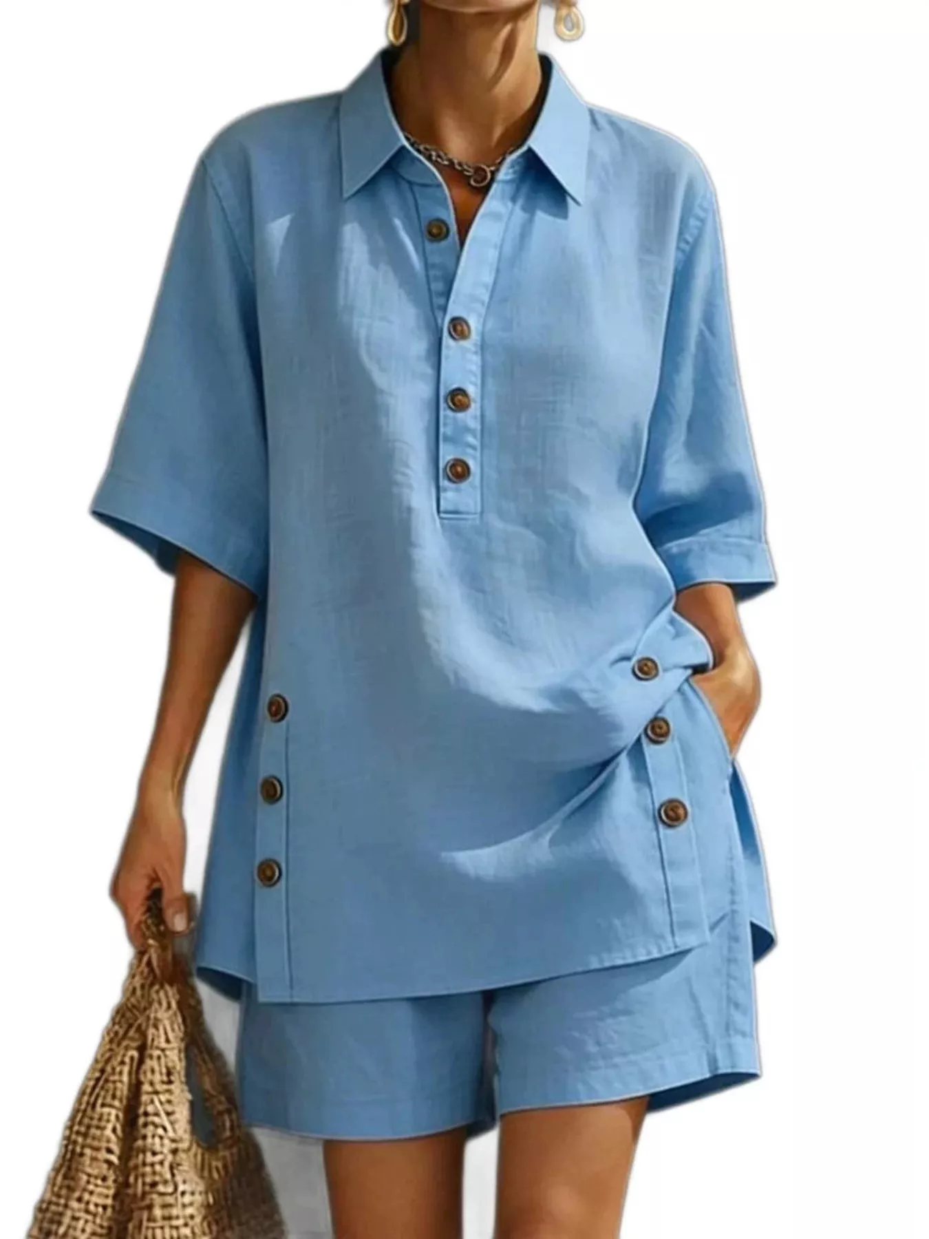 Full Size Casual Linen Button-Down Shirt & Shorts Set Plus Size - Image 3