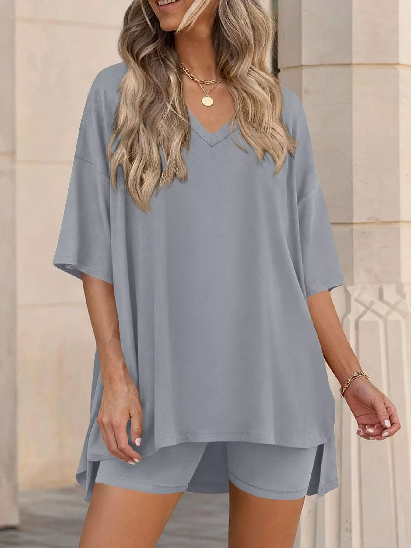 Full Size Casual Loose V-Neck T-Shirt & Shorts Set Plus Size - Image 17