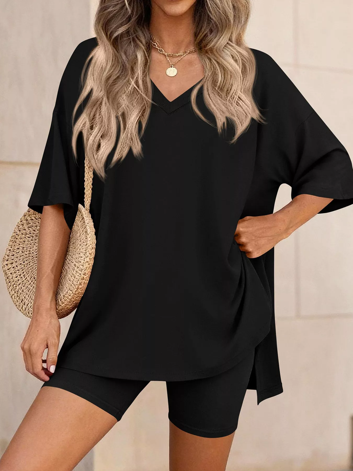 Full Size Casual Loose V-Neck T-Shirt & Shorts Set Plus Size - Image 5