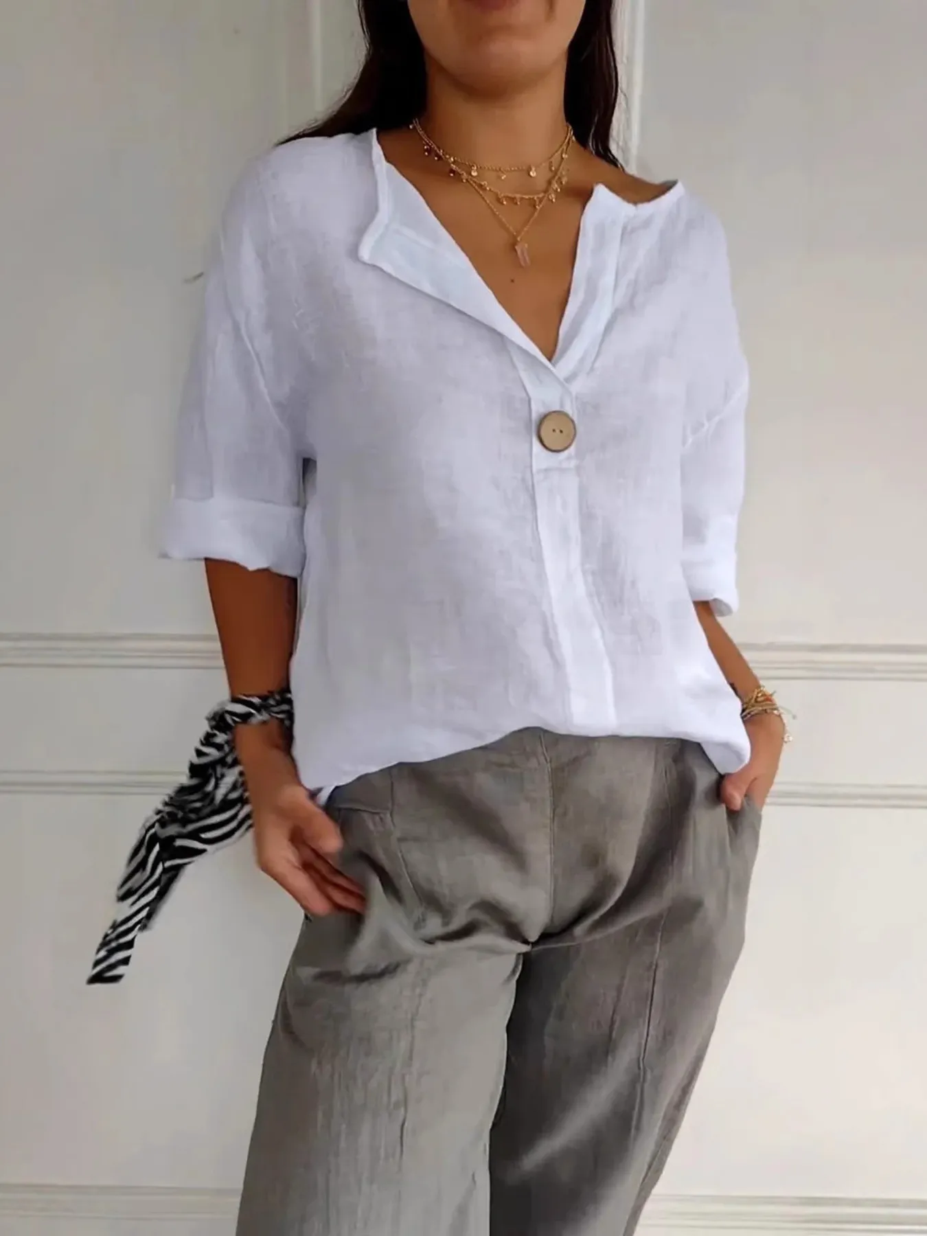 Full Size Casual Notched Drop Shoulder Blouse Plus Size - Image 13