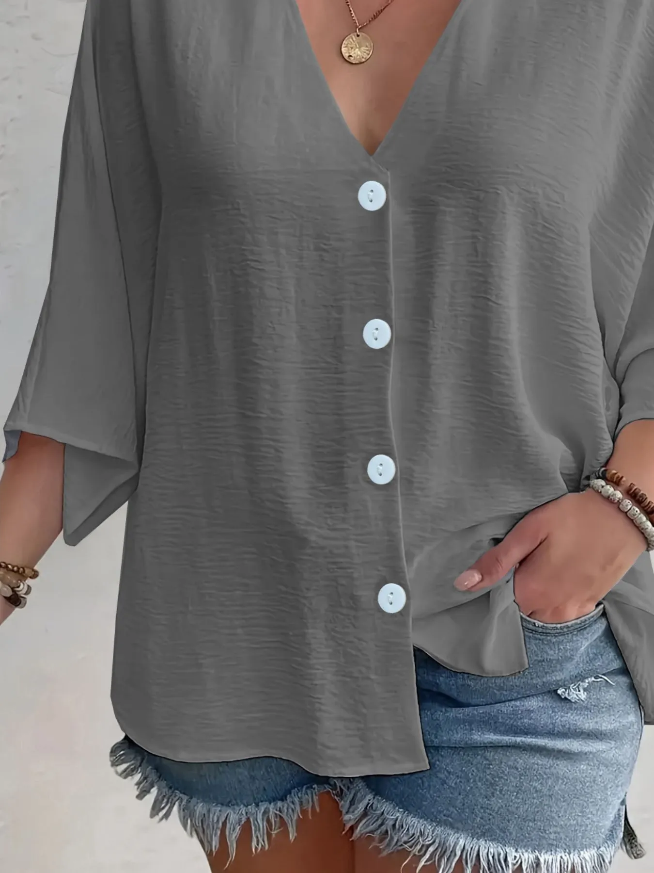 Full Size Casual V-Neck Button Down Relaxed Fit Blouse Plus Size - Image 15