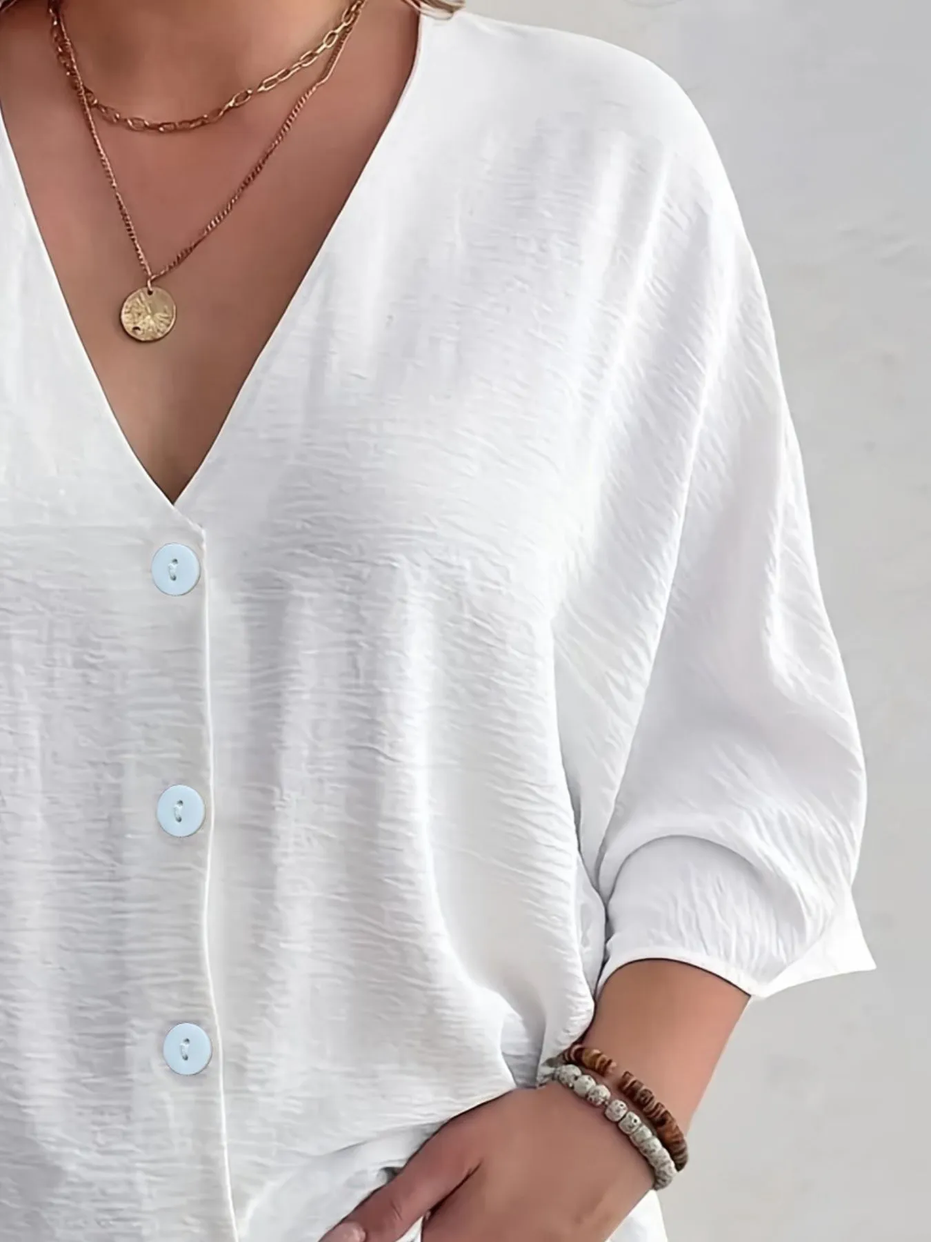 Full Size Casual V-Neck Button Down Relaxed Fit Blouse Plus Size - Image 3