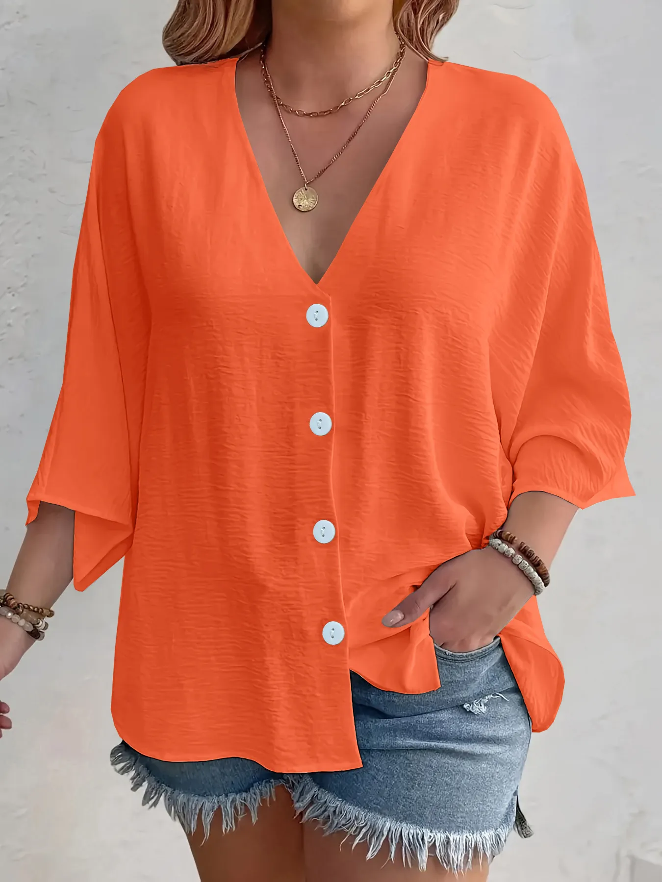 Full Size Casual V-Neck Button Down Relaxed Fit Blouse Plus Size - Image 4