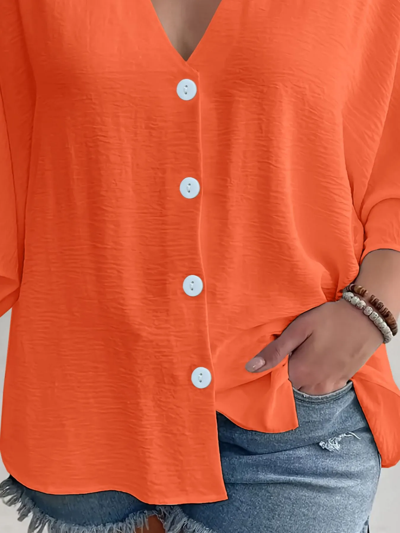 Full Size Casual V-Neck Button Down Relaxed Fit Blouse Plus Size - Image 6
