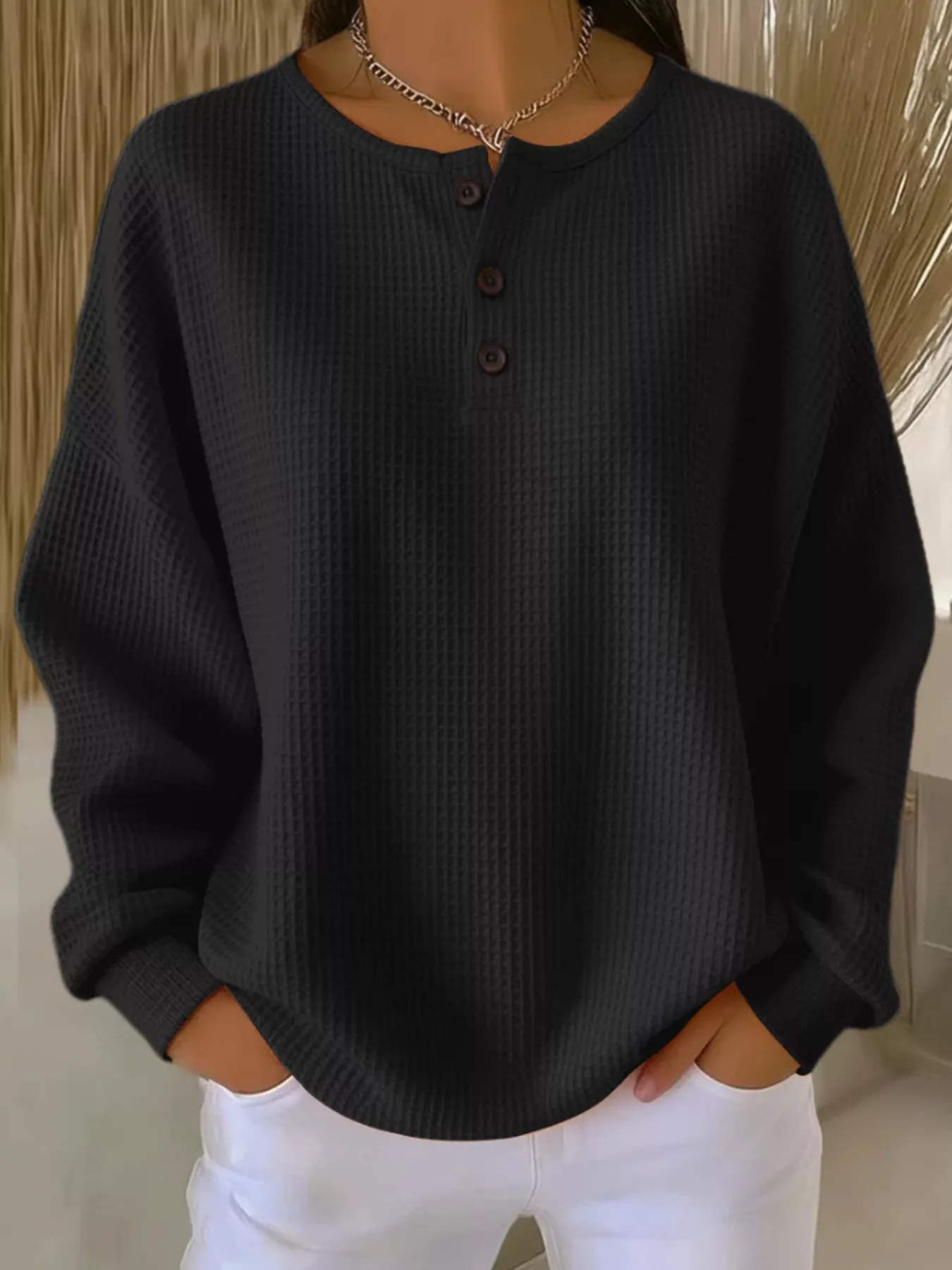 Full Size Casual Waffle Knit Button Detail Pullover Plus Size - Image 10