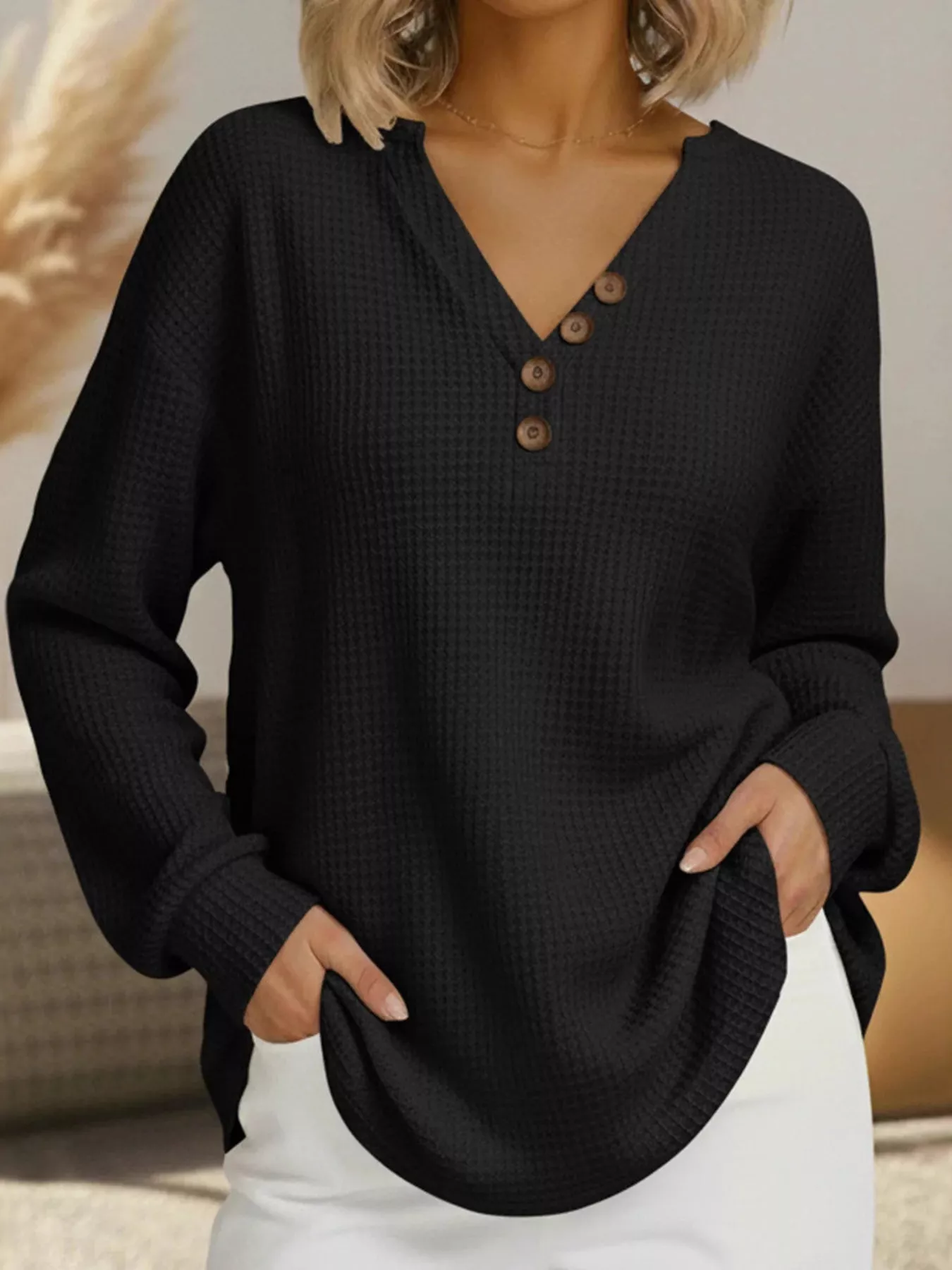 Full Size Casual Waffle Knit V-Neck Long Sleeve T-Shirt Plus Size - Image 10