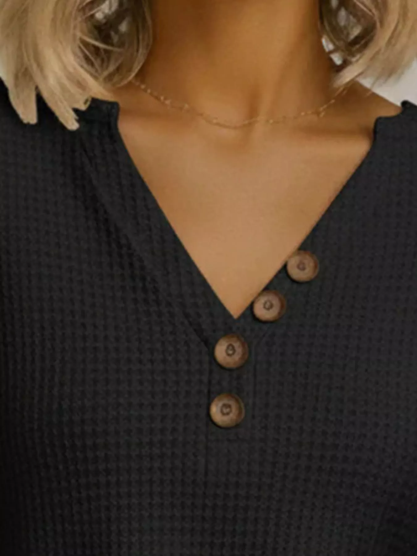 Full Size Casual Waffle Knit V-Neck Long Sleeve T-Shirt Plus Size - Image 11