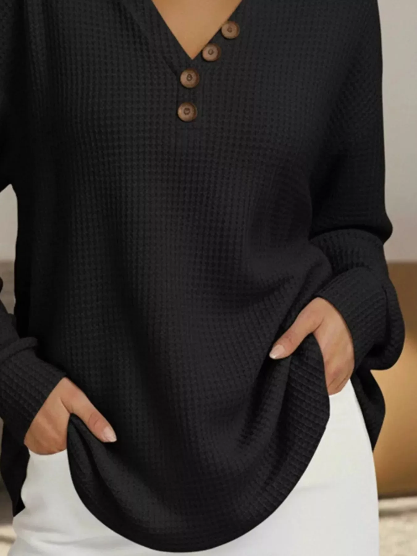 Full Size Casual Waffle Knit V-Neck Long Sleeve T-Shirt Plus Size - Image 12