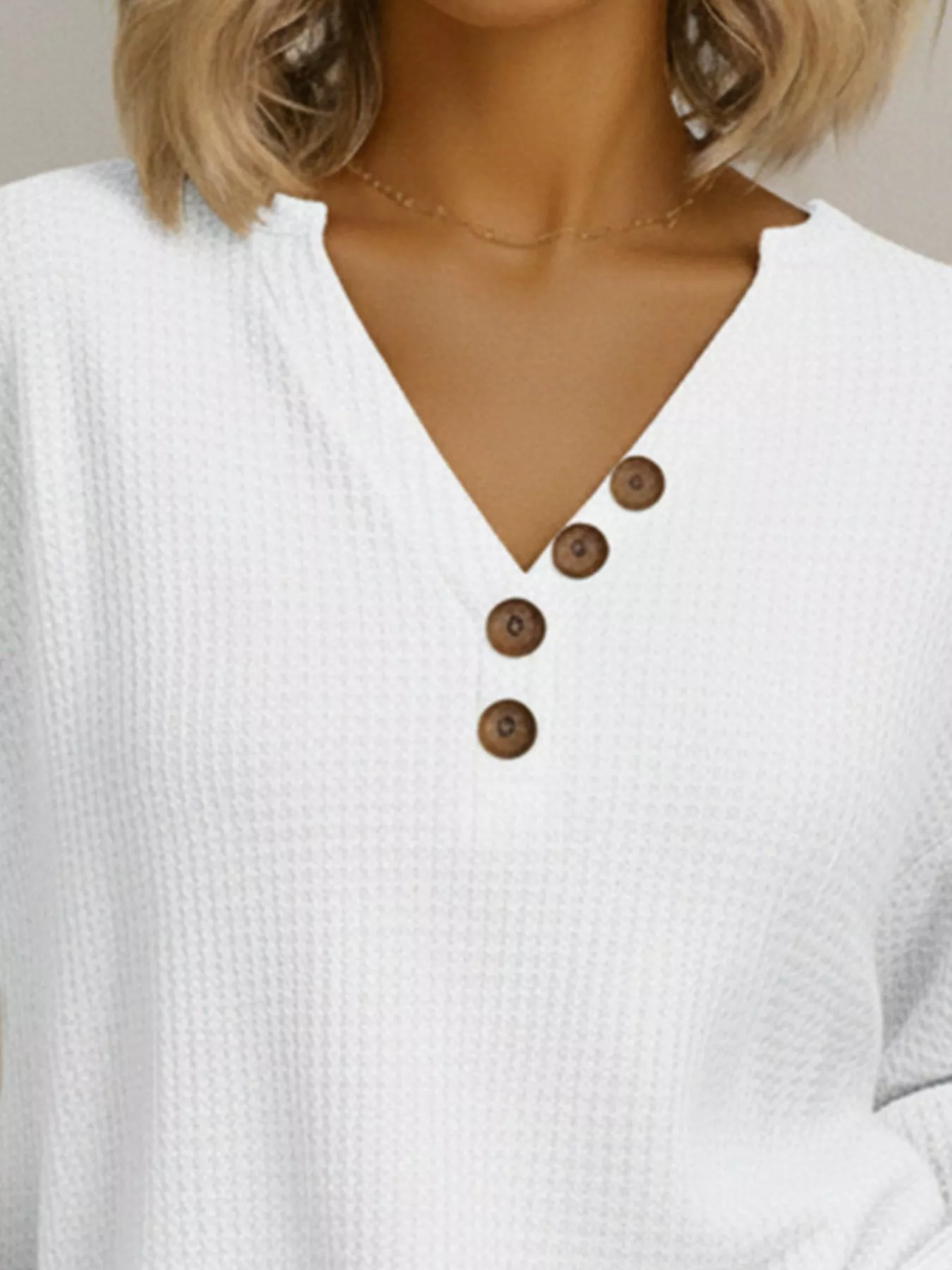 Full Size Casual Waffle Knit V-Neck Long Sleeve T-Shirt Plus Size - Image 5