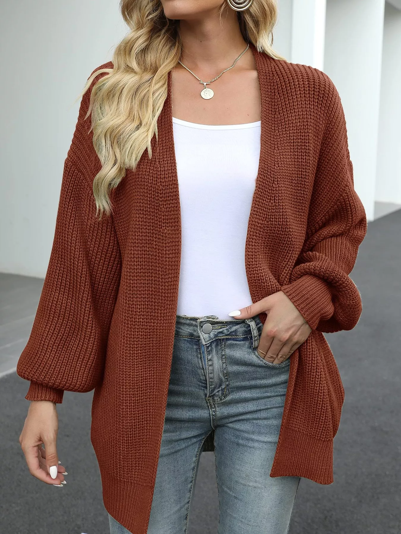 Full Size Chunky Knit Open Front Cardigan Plus Size - Image 10
