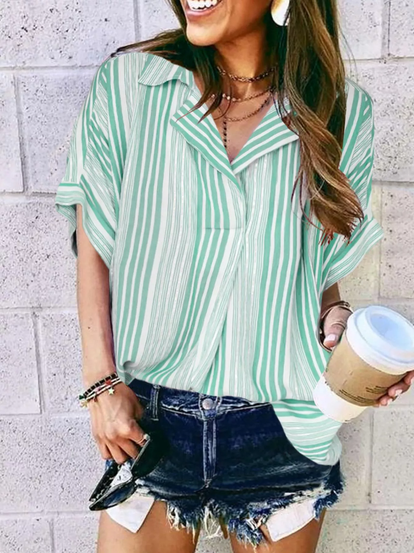 Full Size Collared Neck Half Sleeve Shirt Plus Size - Image 5