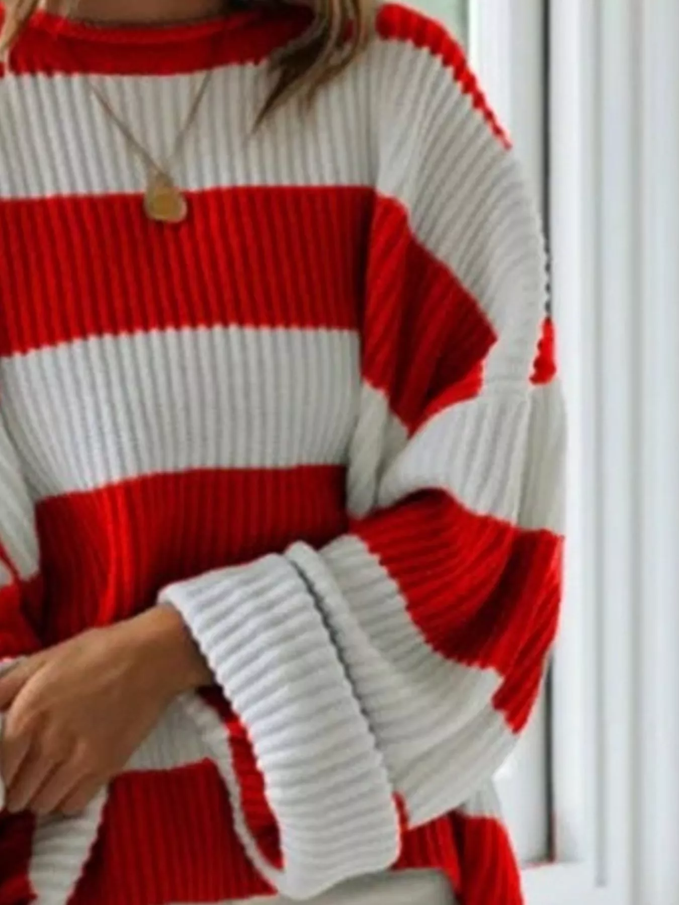 Full Size Contrast Striped Round Neck Sweater Plus Size - Image 2