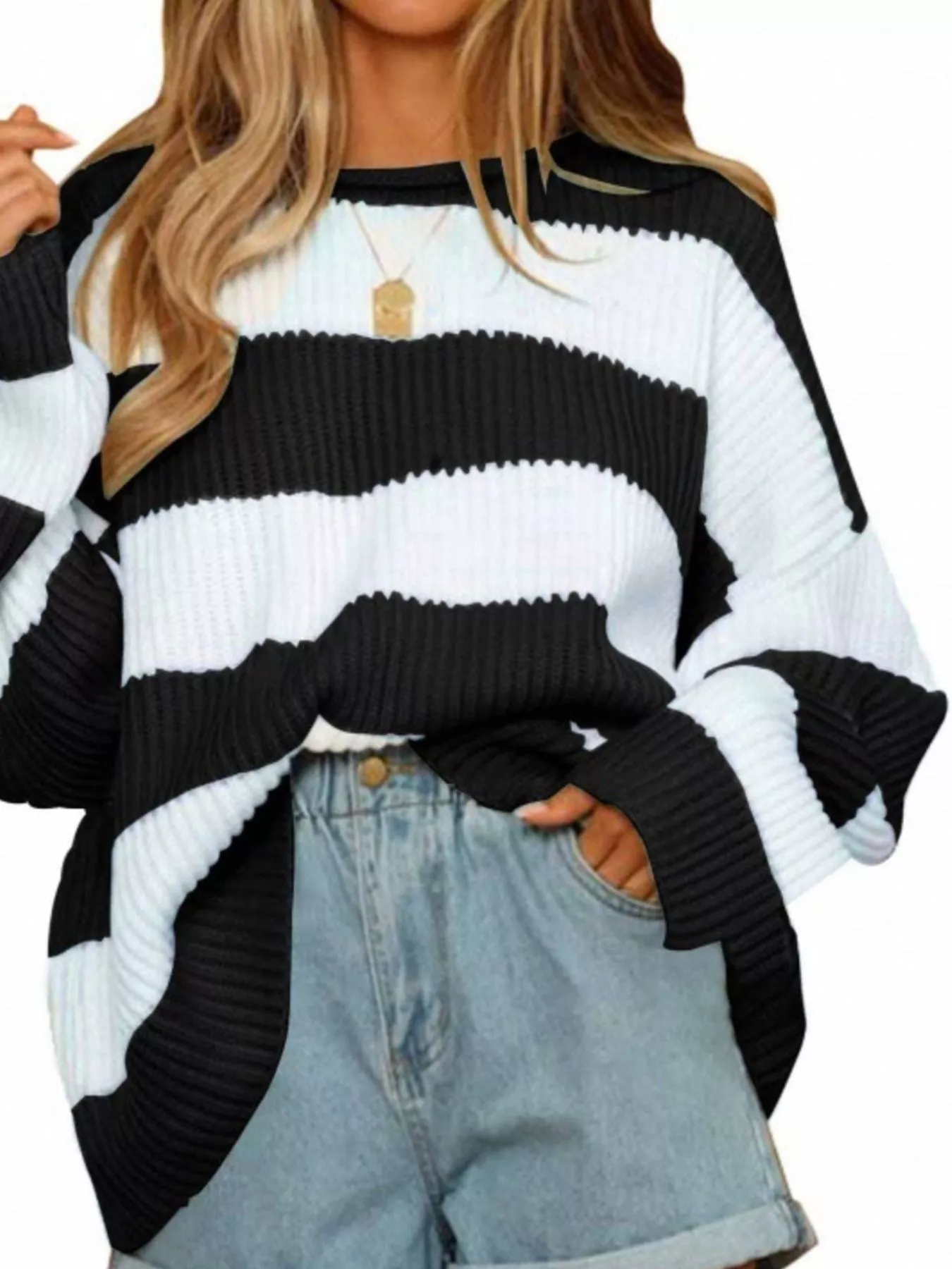 Full Size Contrast Striped Round Neck Sweater Plus Size - Image 8