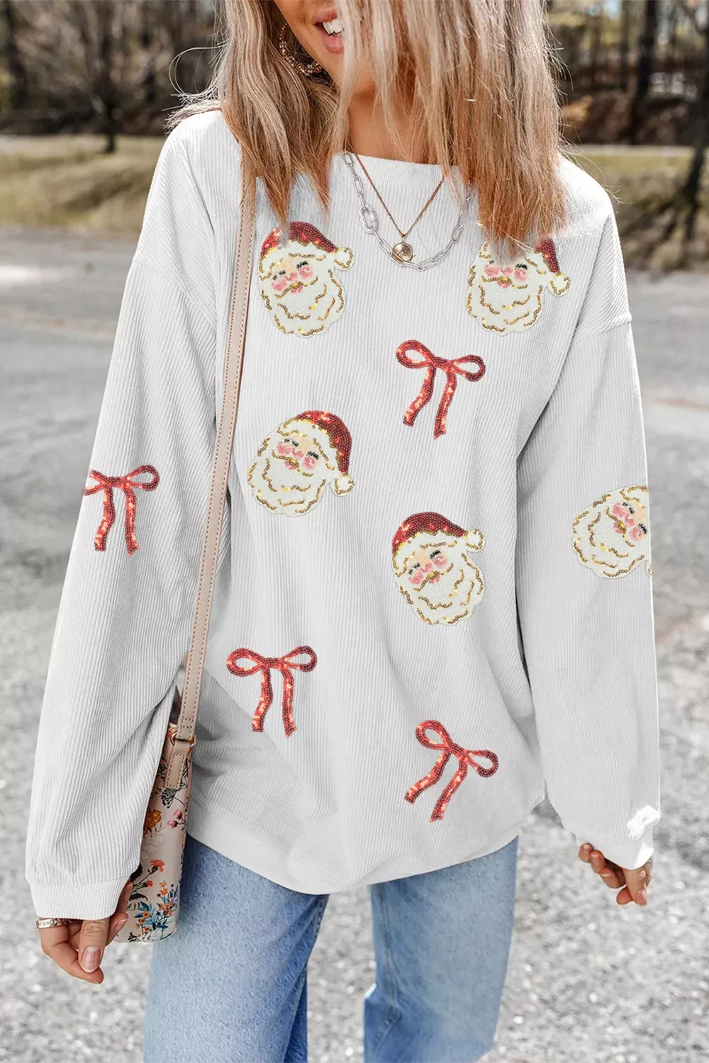 Full Size Corded Rib Sequin Santa Bow Patched Drop Shoulder Sweatshirt Plus Size - Image 2