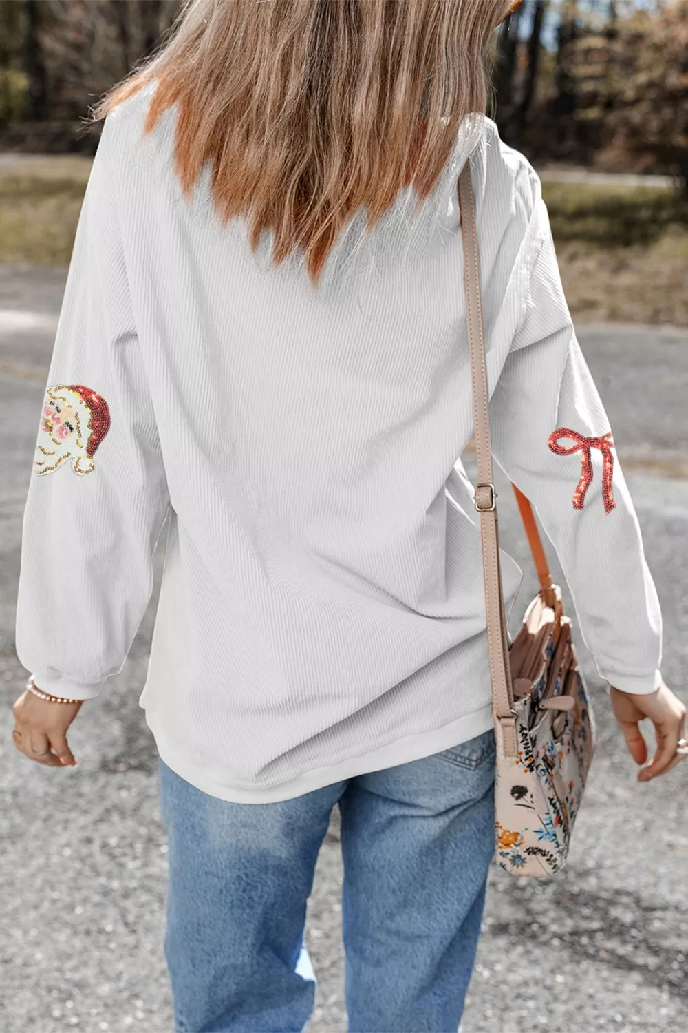 Full Size Corded Rib Sequin Santa Bow Patched Drop Shoulder Sweatshirt Plus Size - Image 3