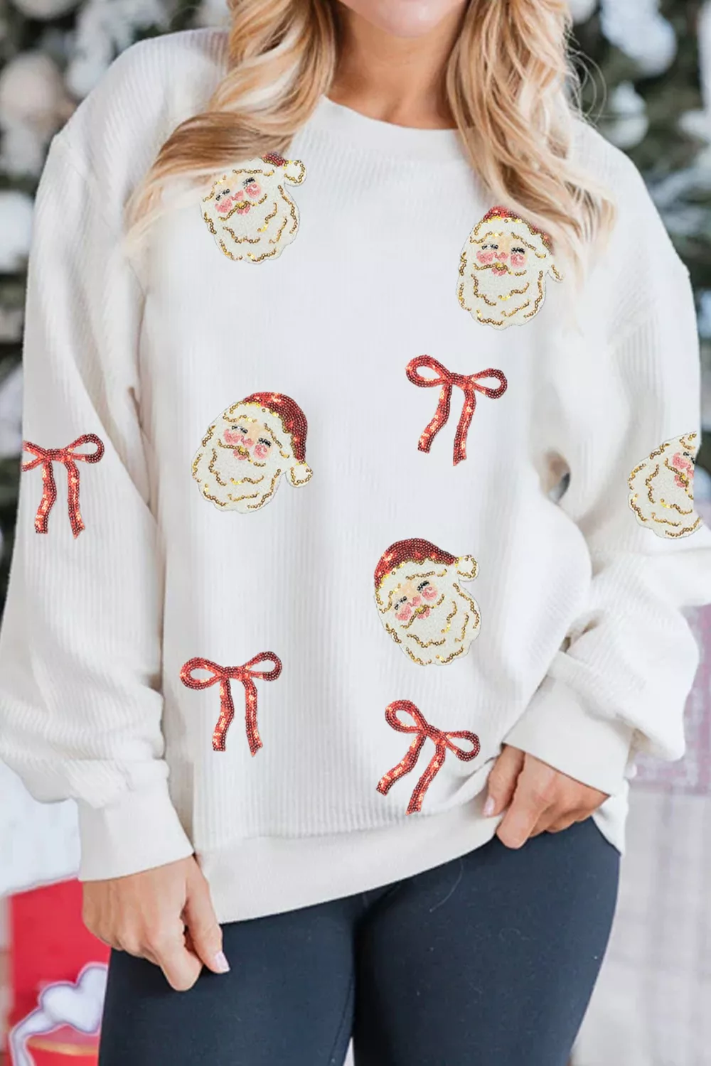Full Size Corded Rib Sequin Santa Bow Patched Drop Shoulder Sweatshirt Plus Size - Image 4