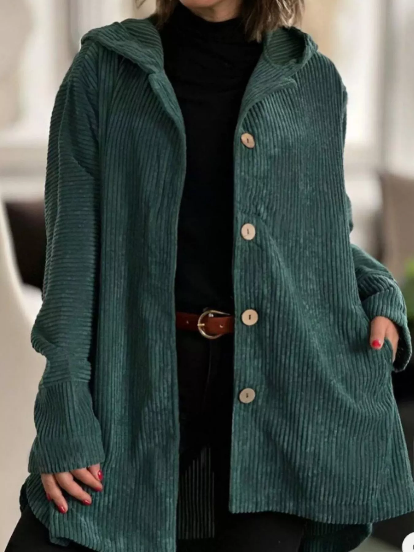 Full Size Corduroy Button Up Hooded Jacket Plus Size