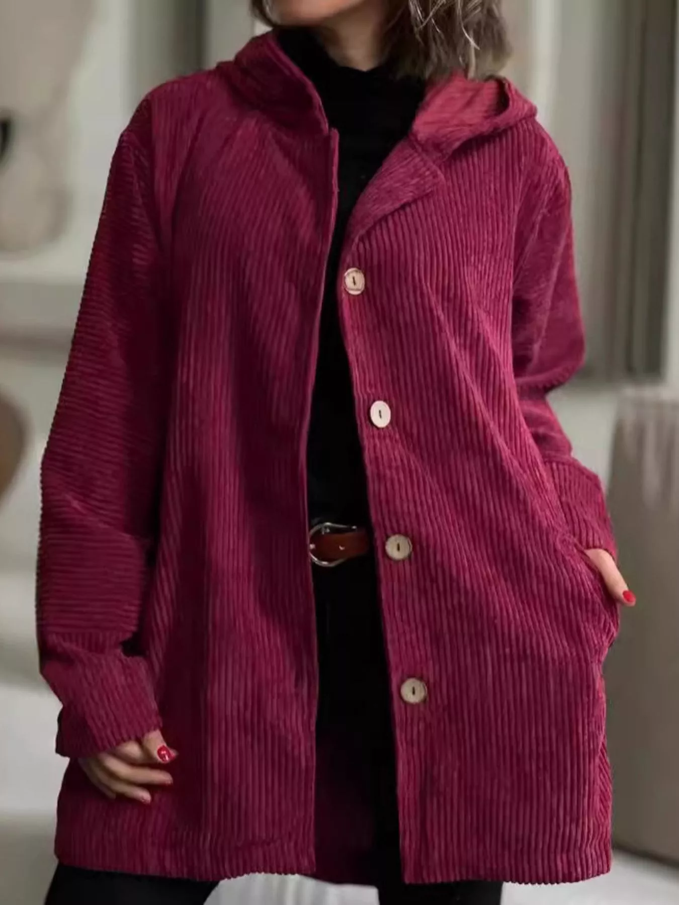 Full Size Corduroy Button Up Hooded Jacket Plus Size - Image 10