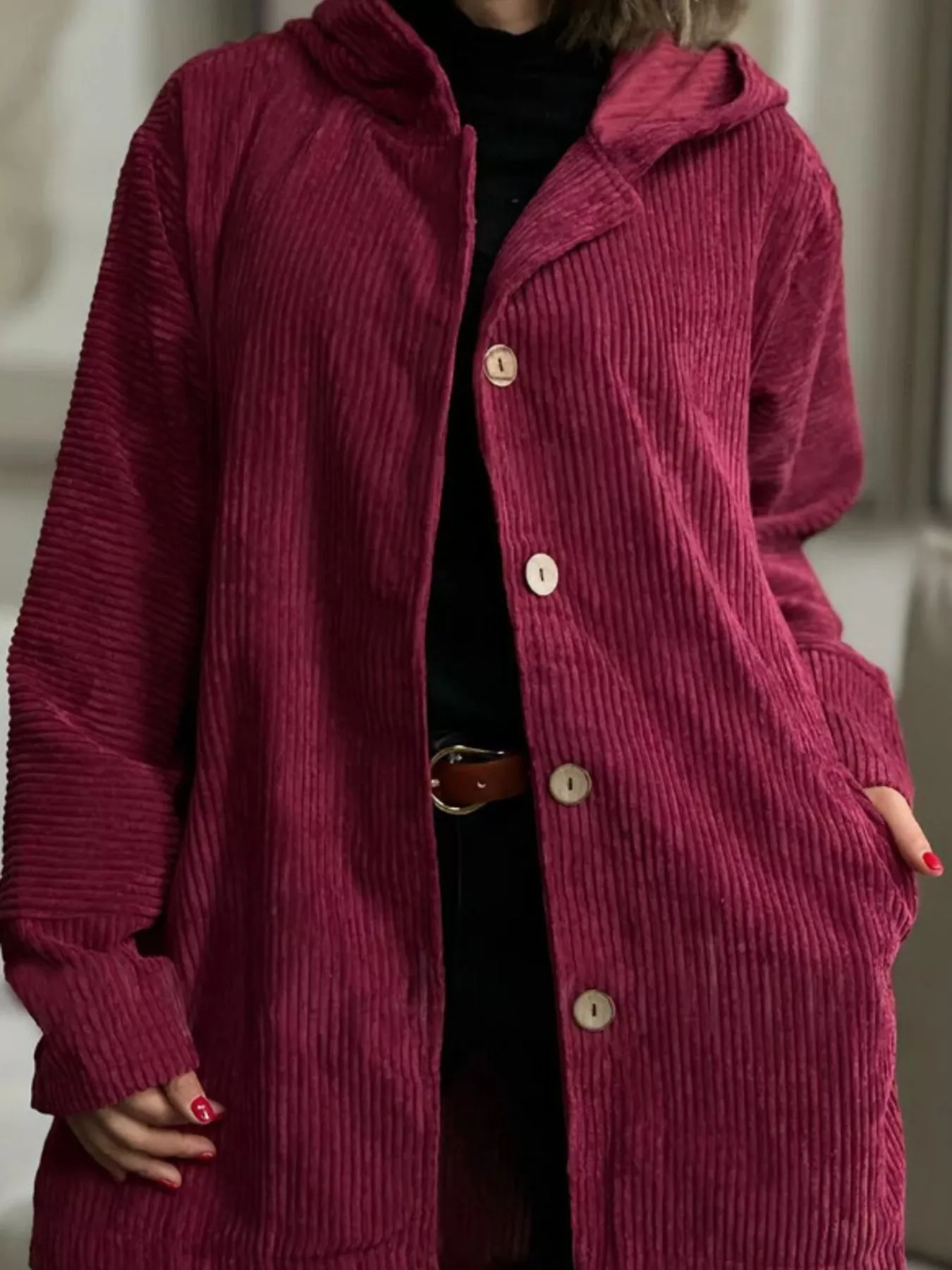 Full Size Corduroy Button Up Hooded Jacket Plus Size - Image 11