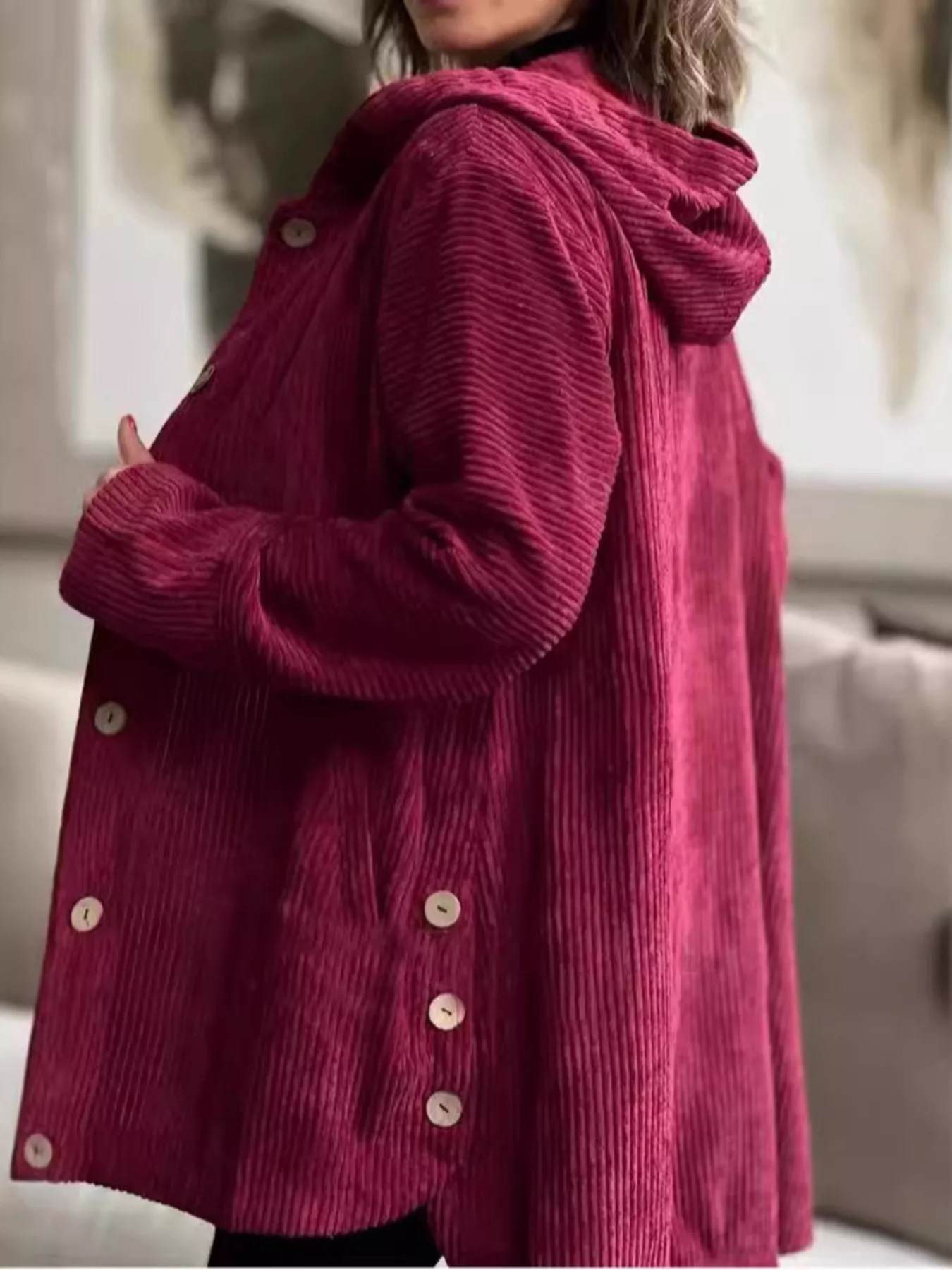 Full Size Corduroy Button Up Hooded Jacket Plus Size - Image 12